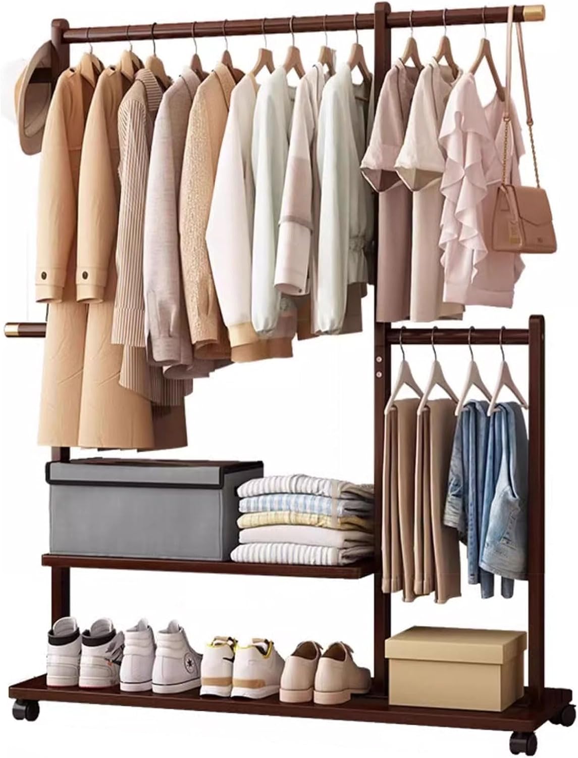 Bamboo Clothing Rack Coat Stand Free Standing Clothes Hanging Rail Garment Rack with Storage Shelves, Hanger Hooks and Pants Hanger, Open Wardrobe for Bedroom Living Room Hallway