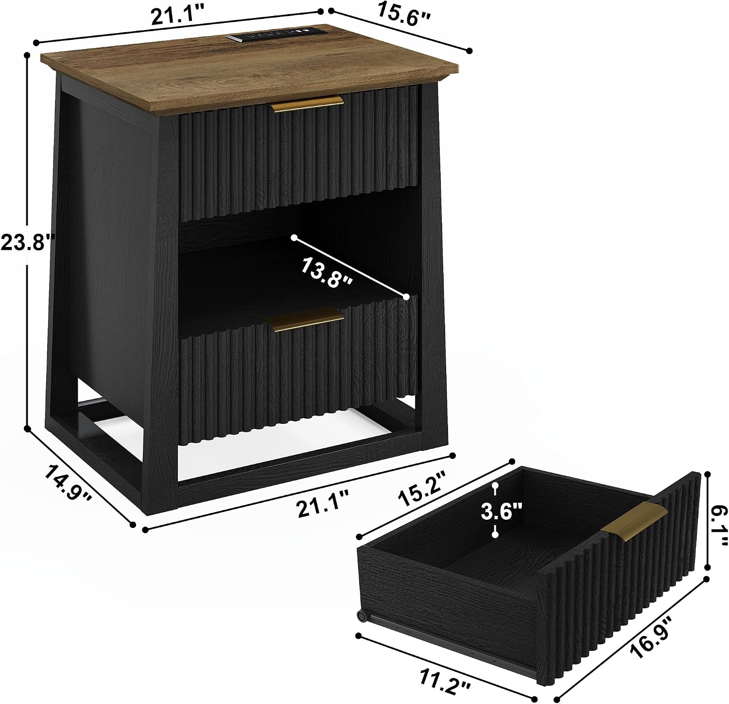 HIFYOBRO Fluted End Table Set of 2 with Charging Station and Motion Sensor Light, Modern Black Side Tables with 2 Drawers and Storage Shelf for Living Room, Bedroom, Guest Room