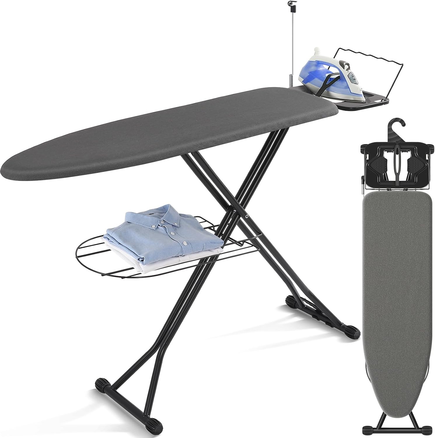 APEXCHASER Ironing Board, Compact Iron Board with Iron Rest and Hanger, Heat-Resistant Cover & 7 Adjustable Heights, Heavy Duty Ironing Board with Garment Rack, 13x43 Black