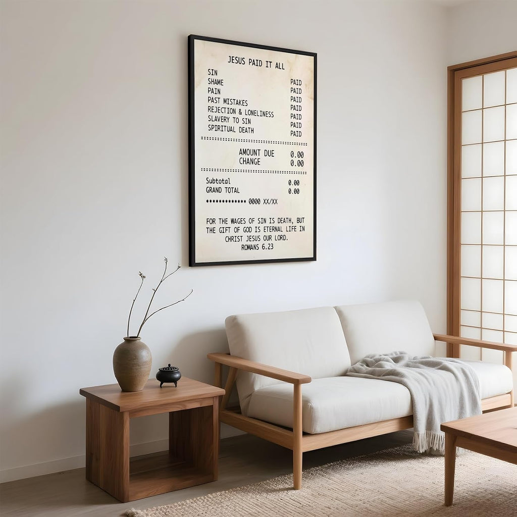 Vintage Christian Wall Art Print Jesus Paid It All Scripture Canvas Poster Inspirational Bible Verse Romans 6:23 Religious Gift Wall Decor for Home Church Prayer Room 24x36inch Aluminum Framed
