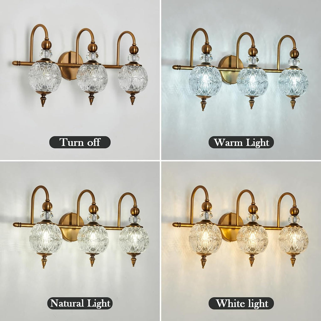Piepooye Vintage Bathroom Lights Fixtures Gold Vanity Light with Glass Globe LampShade 3 Light Mid Century G9 Bulb Wall Sconce Indoor Vanity Light Over Mirror for Kitchen Bedroom Farmhouse Living Room