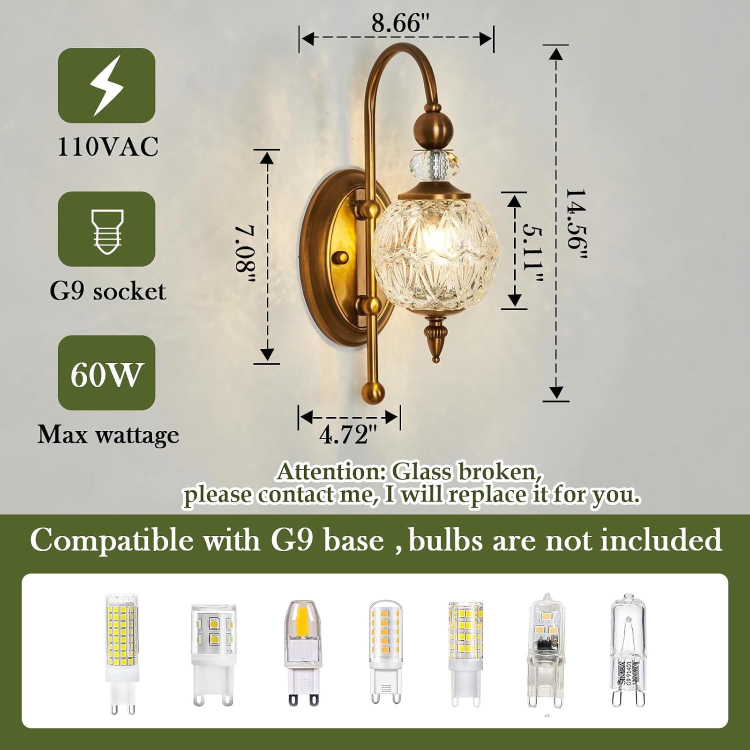 Piepooye Vintage Gold Wall Sconce Set of Two Mid Century Brushed Brass with Glass Globe Shade Vanity Light Indoor G9 Bulb Wall Light for Bathroom Farmhouse Bedroom Living Room Hallway