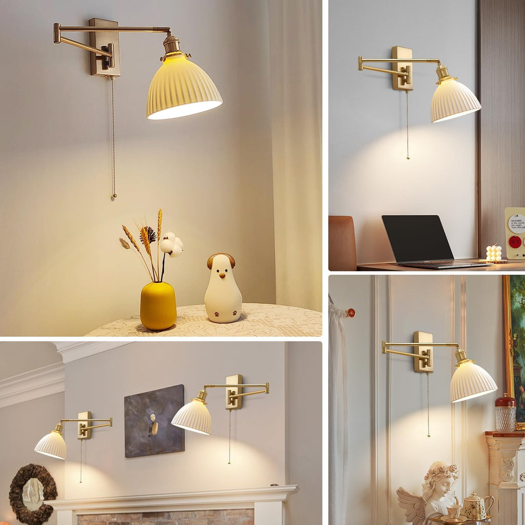 Gold Wall Sconces Set of 2 Modern Bathroom Sconces Wall Lighting Brushed Brass Wall Mount Light Fixture Milk Glass Swing Arm Wall Sconces with Pull Chain Bedroom Hardwired Wall Lamps MWL14D-2