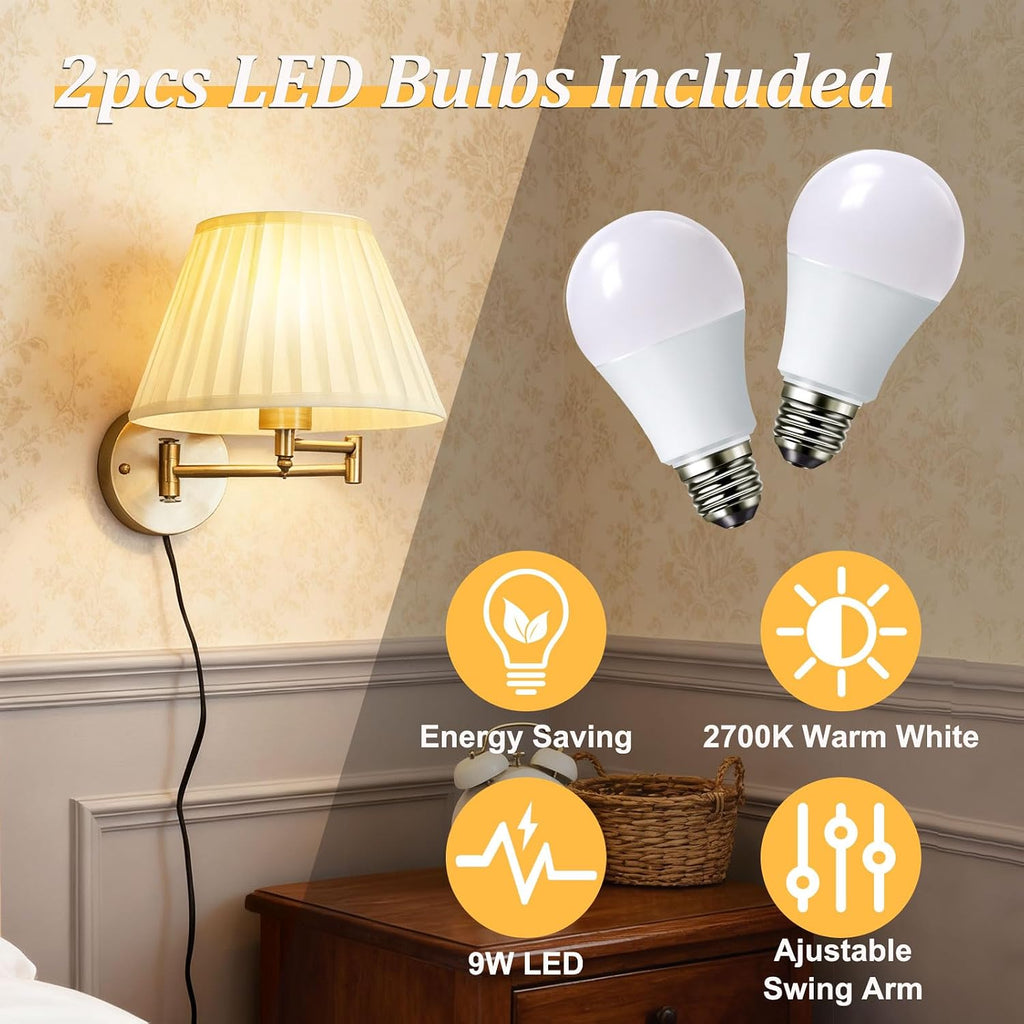 Indoor Wall Sconce Set of Two Swing Arm Wall Lamp Plug in Bronze Wall Light Fixtures with Beige Fabric Shade Bedside Lights for Bedroom Hallway Study Room Living Room Reading Light