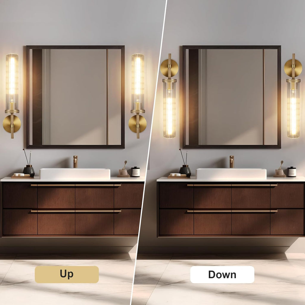 19.5' Knurled Brass Wall Sconces Set of 2, Gold Bathroom Vanity Light Fixtures with Vertical Striped Glass Tube, Modern Lamp Lighting for Bedroom, Living Room, Hallway, Staircase, Mirror, Kitchen