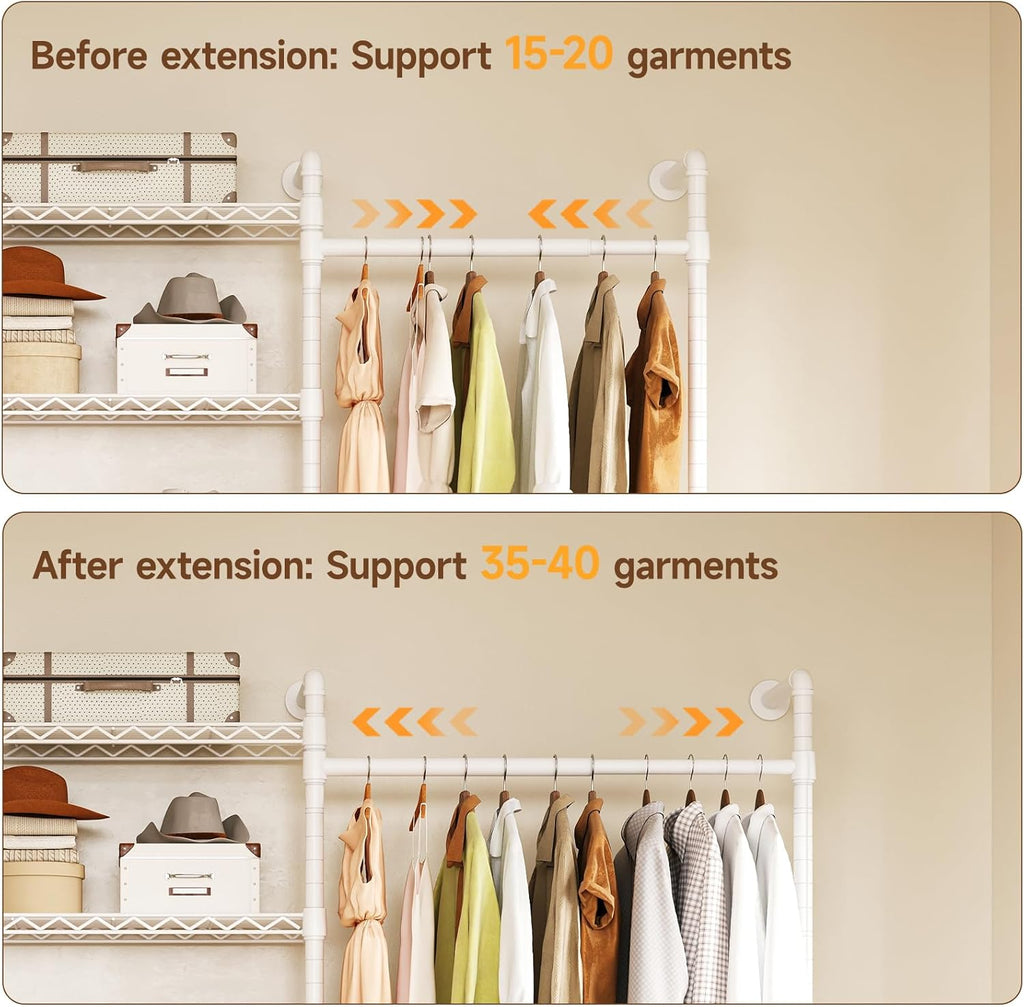 ONBRILL H3 Expandable Wall Mounted Closet System, 5.4FT-8.1FT Closet Organizer with 4 Telescopic Rods & 6 Wire Shelves, Industrial Pipe Clothing Rack for Walk-in & Reach-in Closet (White)
