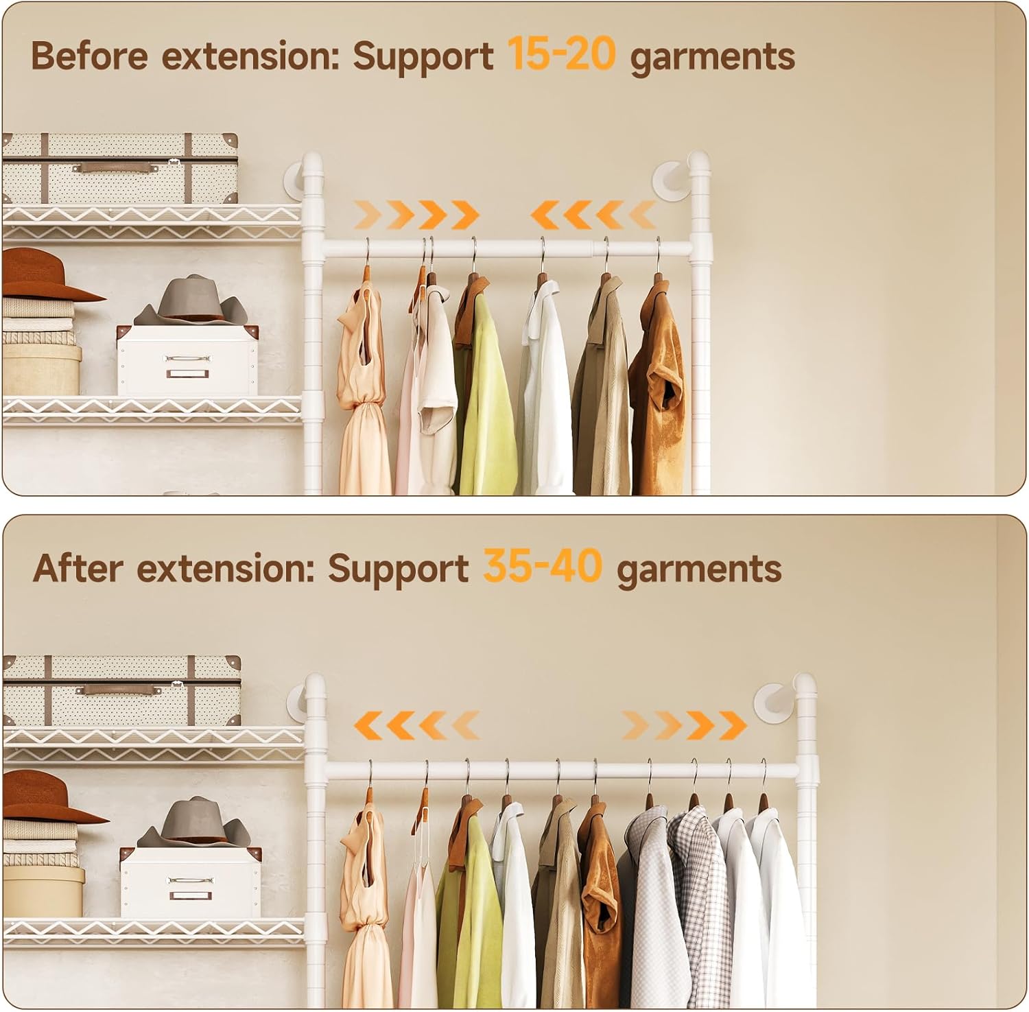 ONBRILL H3 Expandable Wall Mounted Closet System, 5.4FT-8.1FT Closet Organizer with 4 Telescopic Rods & 6 Wire Shelves, Industrial Pipe Clothing Rack for Walk-in & Reach-in Closet (White)