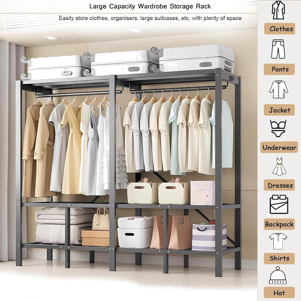 Wardrobe Clothes Organizer - Heavy Duty Portable Wardrobe Closet Rack Foldable Clothe Rack With Cover Freestanding Garment Rack For Hanging Clothes Large Capacity Enclosed Metal Clothing Rack(242*52*1
