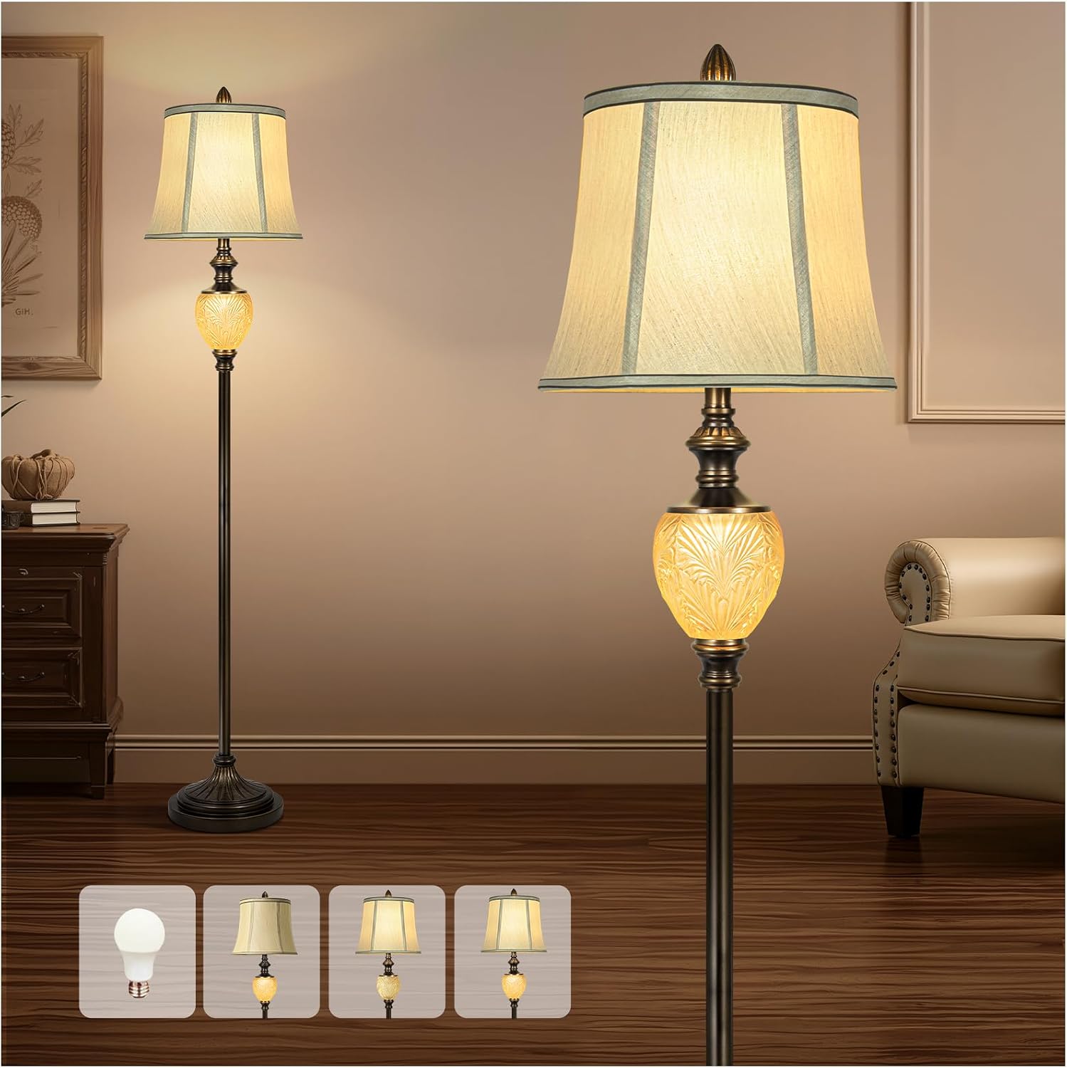 Vintage Farmhouse Lamp Set, 3-Piece Bundle, Includes 2 Table Lamps (27') and 1 Floor Lamp (64') with Faux Silk Shades, USB Charging Ports & Night Lights, for Living Room, Bedroom (Bulbs Included)