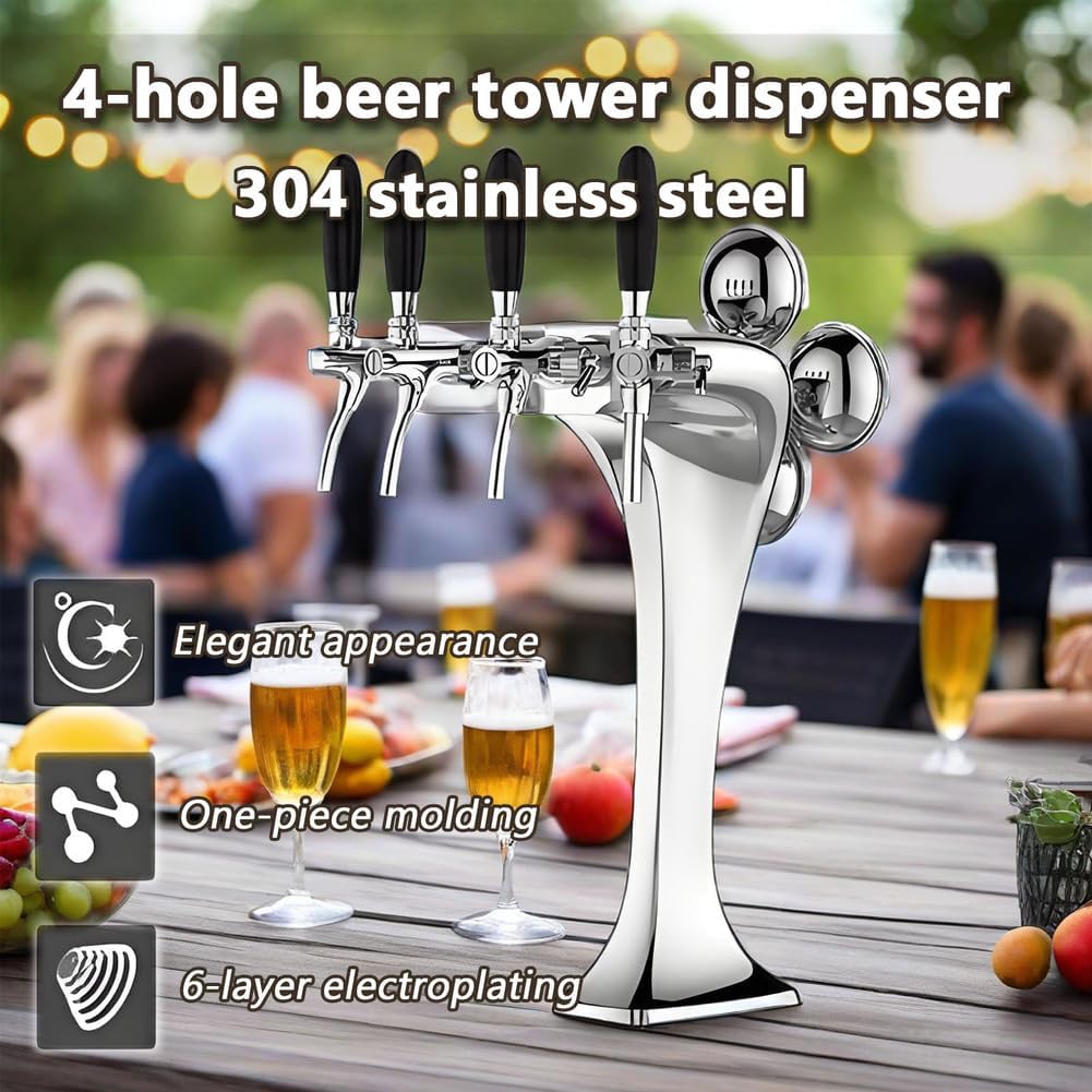 4 Taps Stainless Steel Tower, Pipe Tower Kegerator, with LED Beer Labels, Electroplating Surface (Gold/Sliver),Silver