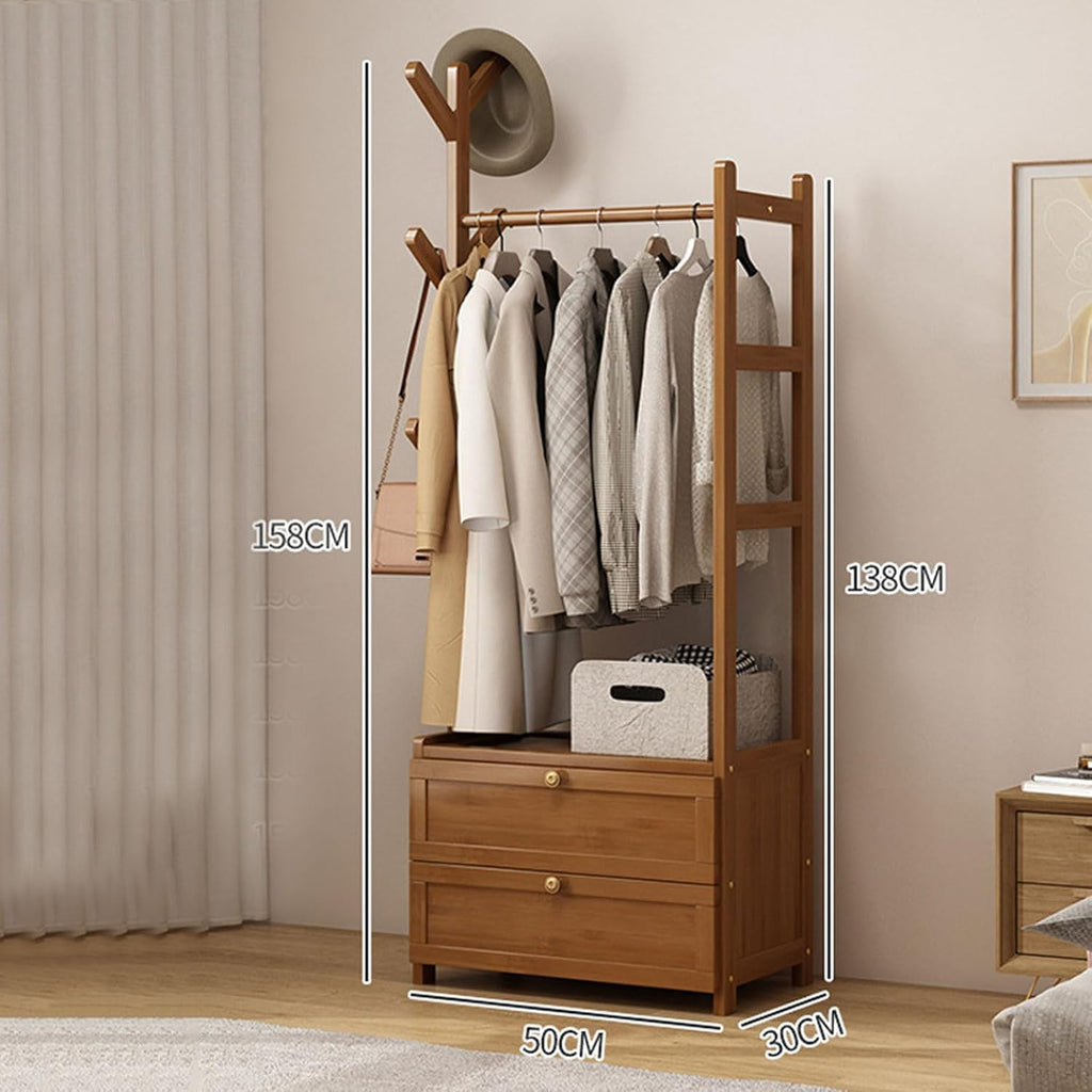 Free Standing Coat Stand Garment Rack Bamboo Clothes Rail Rack with Storage Shelves and 2 Tier Storage Cabinet, Portable Open Wardrobe for Hanging Clothes