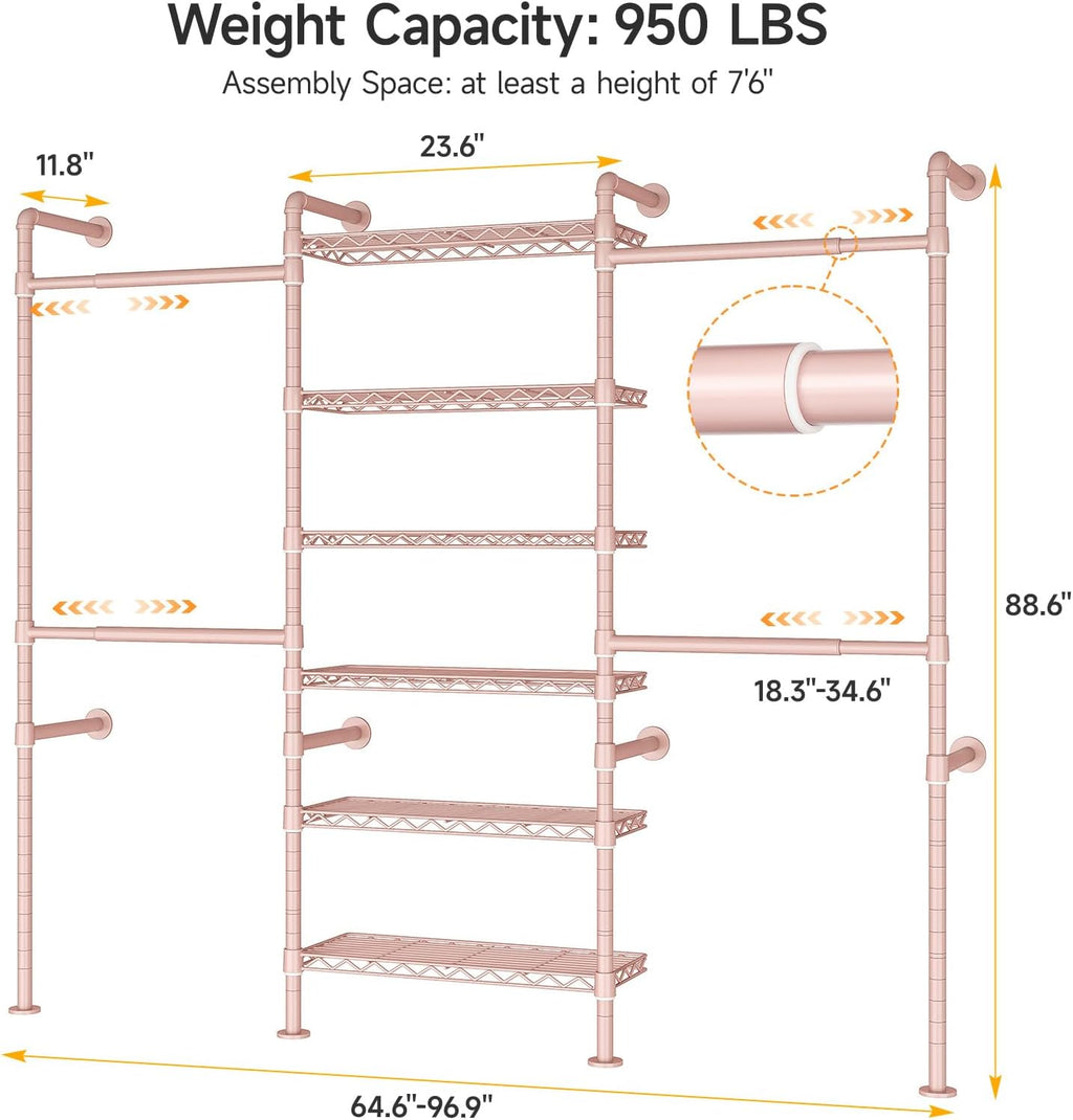 ONBRILL H3 Wall Mounted Closet System, Expandable Industrial Pipe Clothes Rack Clothing Rack for Hanging Clothes, Heavy Duty Closet Organizers and Storage in Wardrobe Closet, Pink
