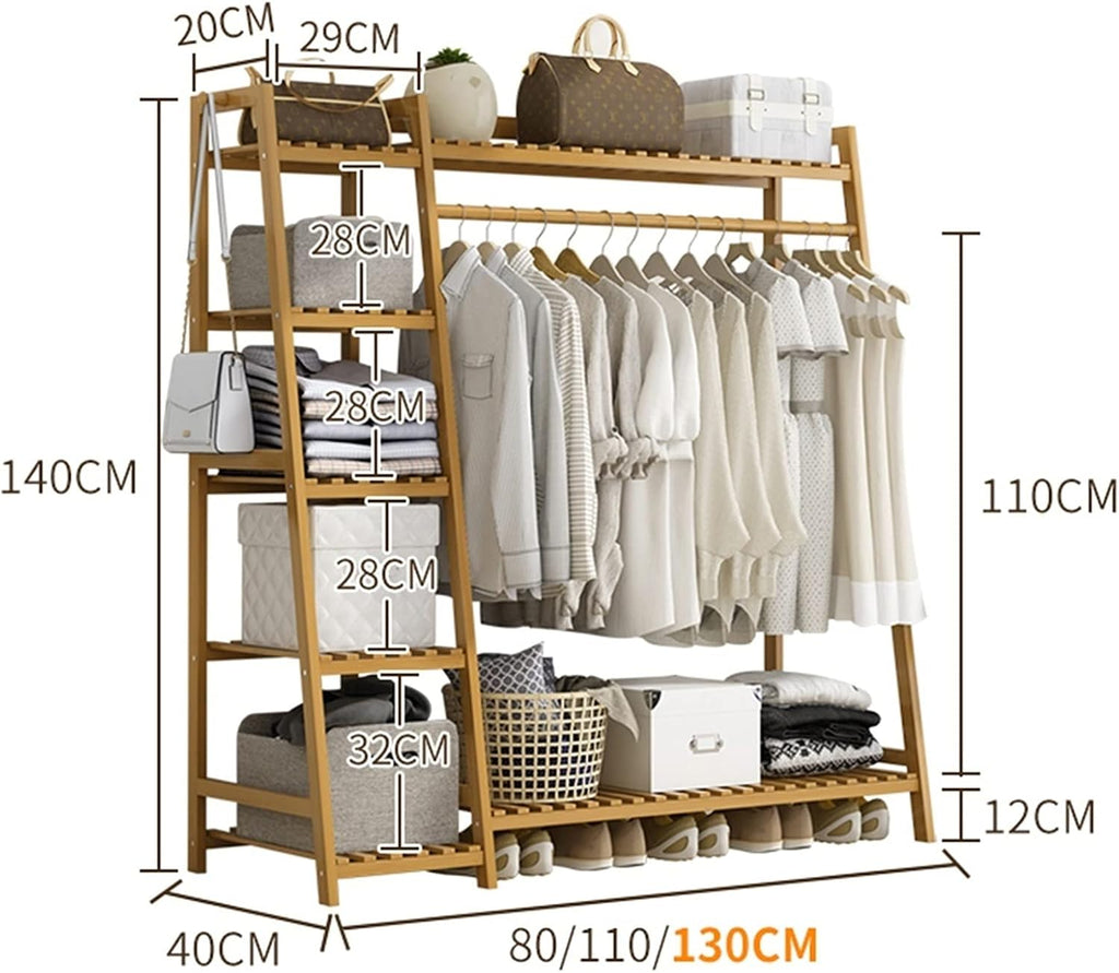 Bamboo Shoe Bench Coat Stand Rack Hanger Organizer with Heavy Duty Garment Rack Standing Closet Storage Open Wardrobe for Hanging Clothes and Storage 130Cm,OneColor