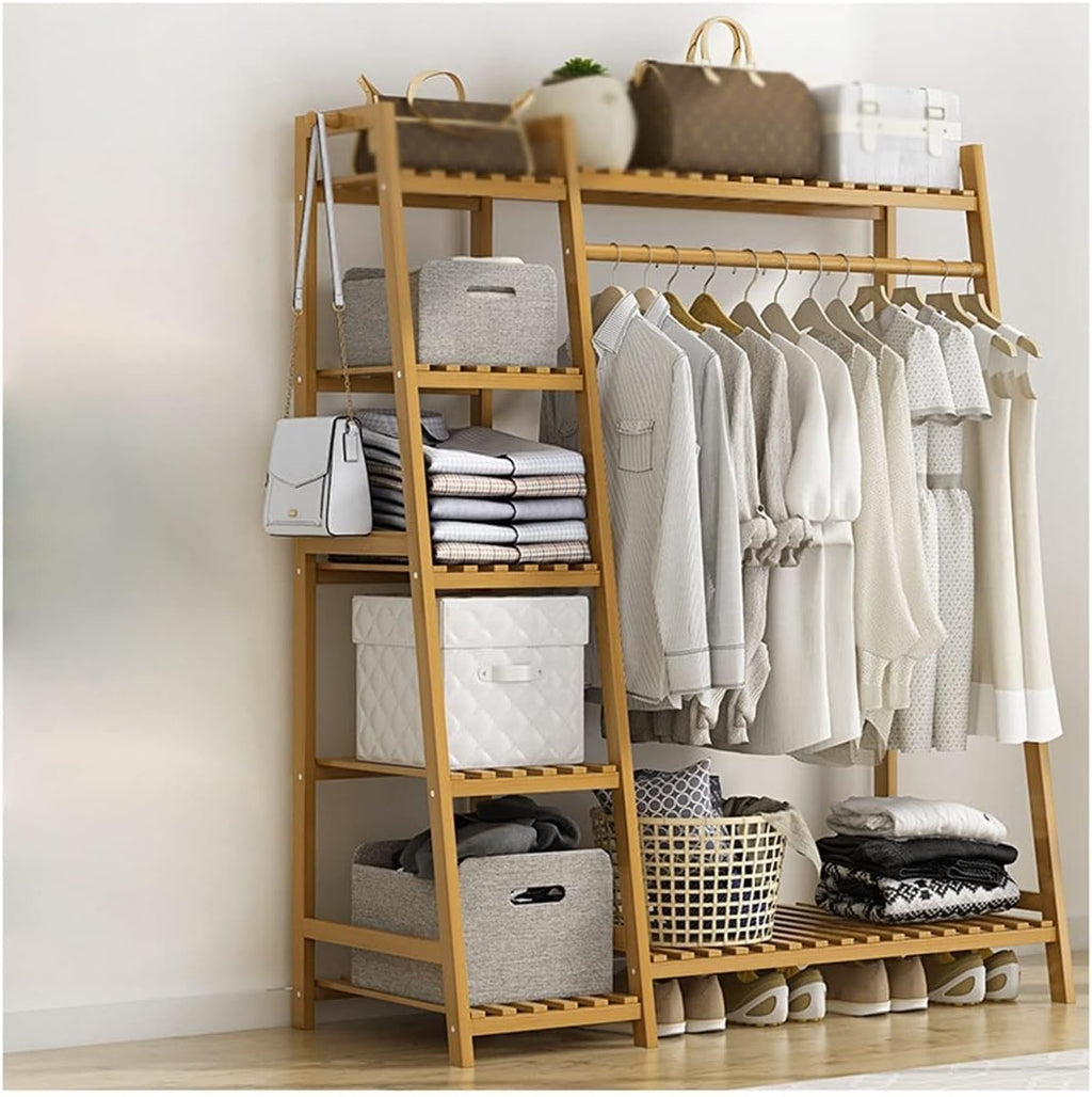 Heavy Duty Clothes Hanging Rack, Bamboo Garment Rack, 7-Tier Storashelves, Bedroom Wardrobe Closet Organizer/110 * 40 * 140Cm