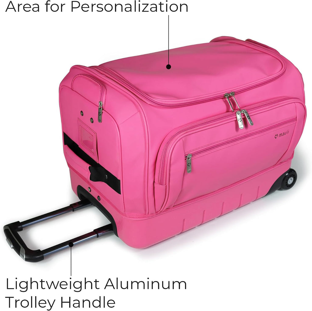 Mavii Dance Bag with Garment Rack, 22 Inch Hardcase Bottom Rolling Duffel for Competitions & Travel, Water-resistant/Wipe-Clean Fabric, Lightweight Aluminum Rack, Wheeled Upright Luggage, Hot Pink
