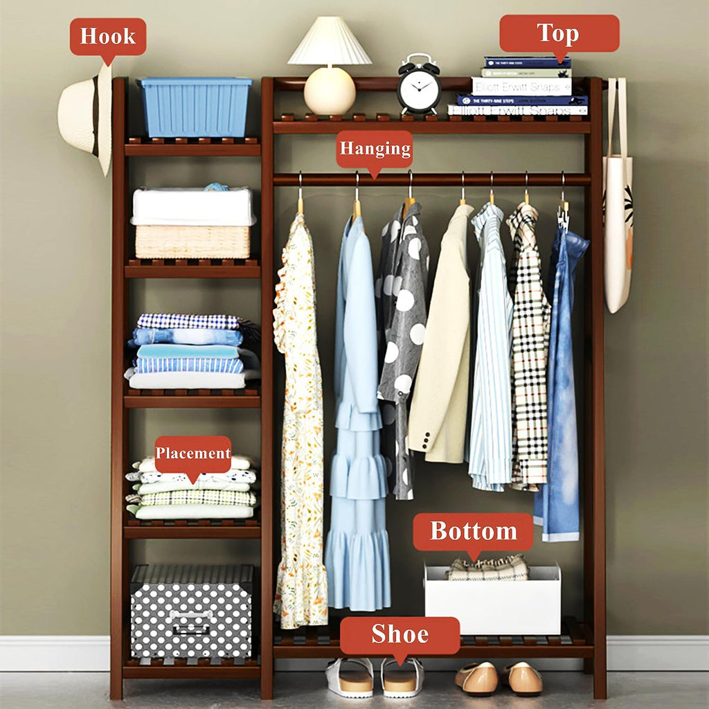Bamboo Clothing Racks Portable Garment Rack for Hanging Clothes, Freestanding Clothes Rack with Storage Shelf, Closet System Coat Rack for Entryway Bedroom Living Room,Brown,110cm