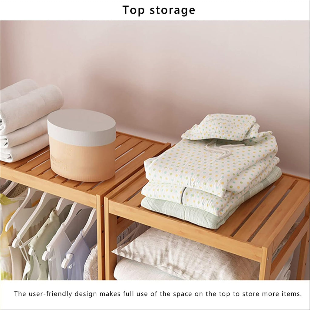 Bamboo Garment Coat Clothes Hanging Heavy Duty Rack with 1 Top and 4 Wheels,Multifunctional Storage Shelf Organizer,for Home Bedroom Entryway