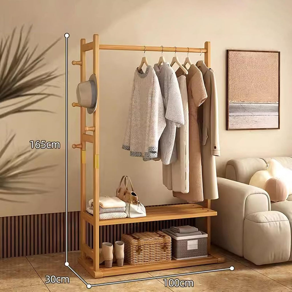 Bamboo Garment Rack Clothes Hanging Rack with Side Hooks and 2 Tiers Storage Shelves, Heavy Duty Clothes Display Rack Portable Wardrobe Closet Organizer