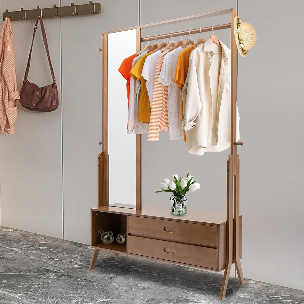 Bamboo Garment Rack Freestanding Clothing Rack with Shelves Hanging Rack with Mirror and Drawer for Bedroom Entryway, Support to 200lbs, 40.5 * 13 * 66.5inch