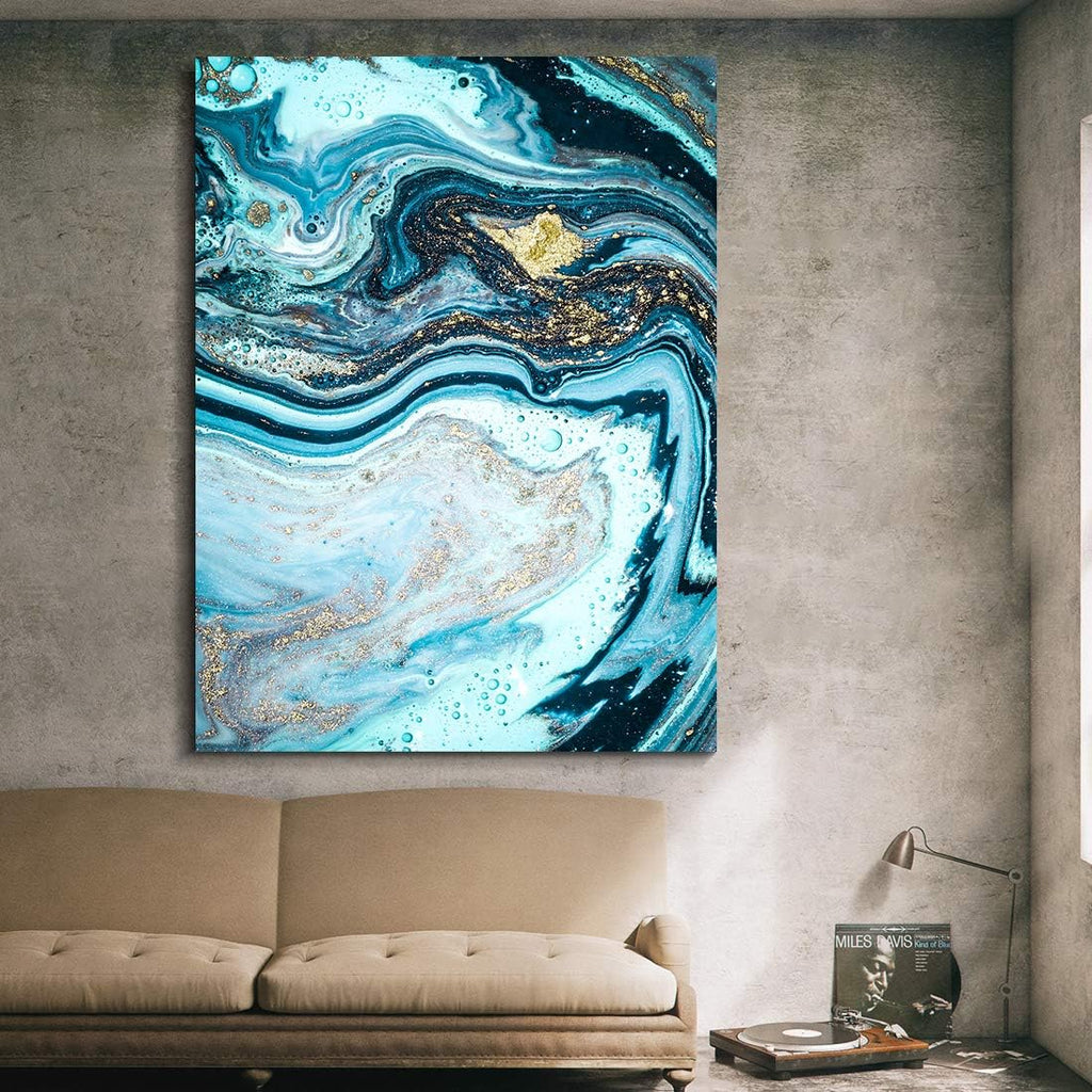 Denzoer Blue Texture and Gold Abstract Wall Art Modern Canvas Prints with Solid Wood Frame Wall Pictures for Home Decoration, Ready to Hang - 36x46 inches
