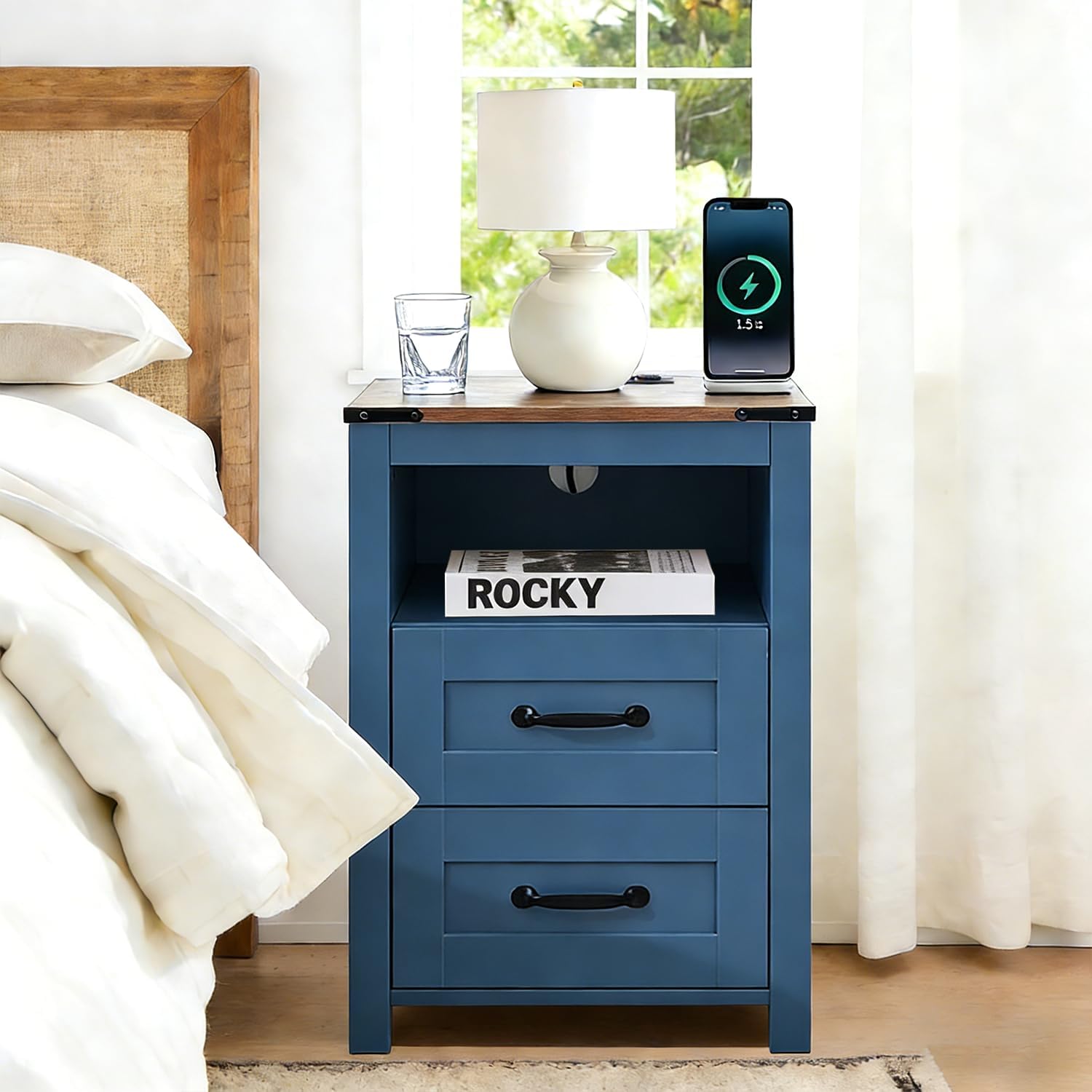 Farmhouse Nightstand Set of 2, Bedside Table with 2 Drawers Storage, Rustic Night Stand with Charging Station, End Table with Open Shelf for Bedroom, Blue