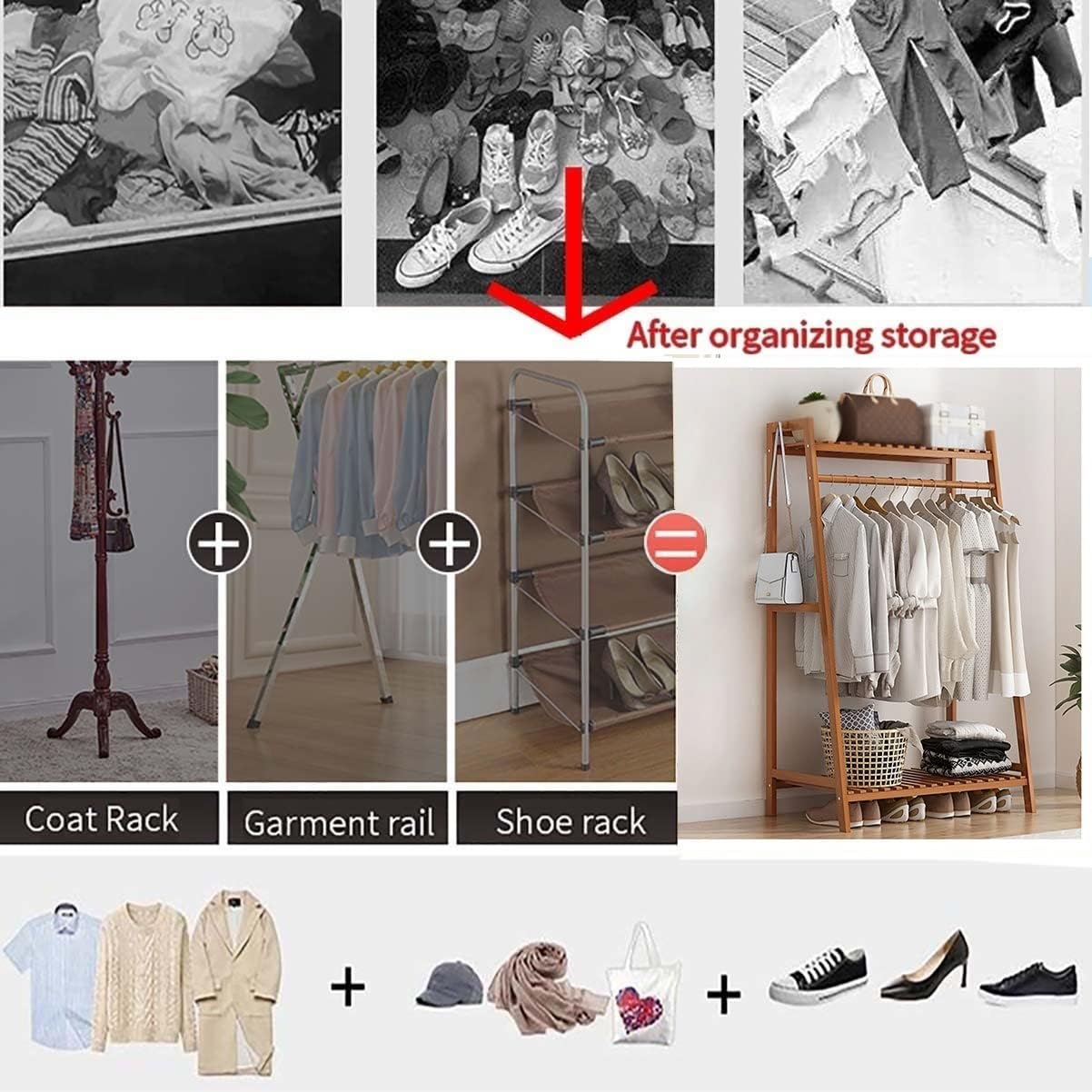 Bamboo Garment Rack with Shelf, Hanging Coat Rack for Clothes Coats Shoes, for Living Room Bedroom Entryway, Space Saver/Brown/100Cm