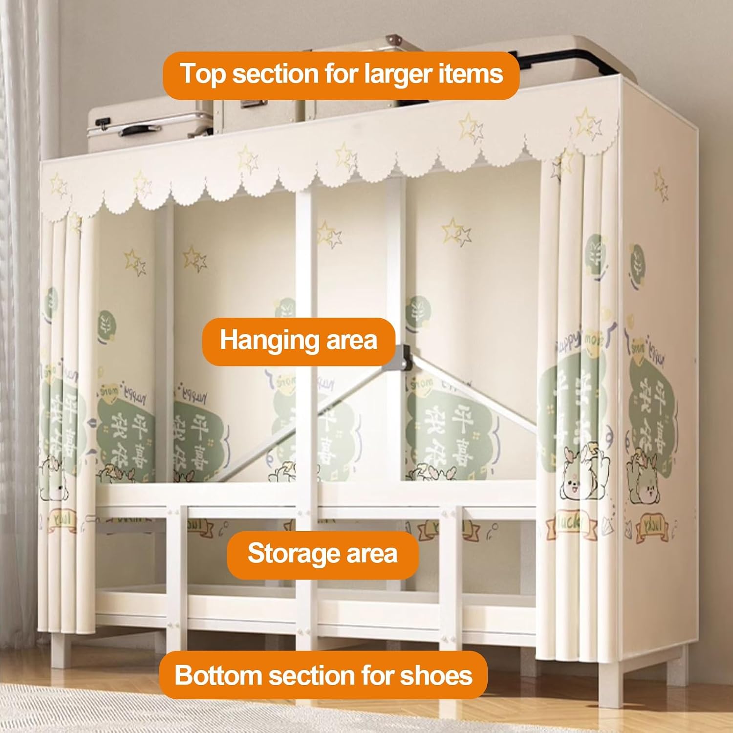 Foldable Wardrobe Closet With Cover, Metal Garment Rack, Freestanding Clothing Rack For Hanging Clothes, Portable Organizer Rack Shelf, For Bedroom, Dorm(Green,130cm/51.2nch)