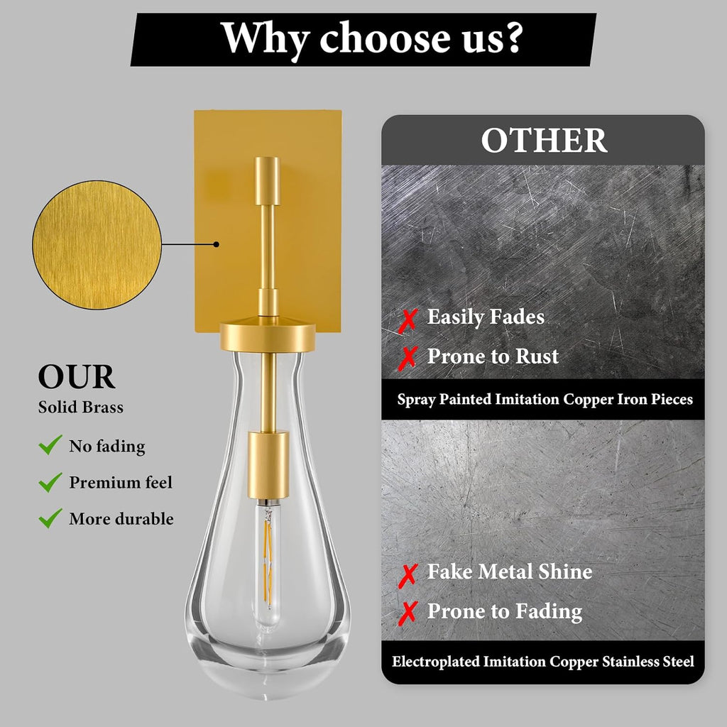 Raindrop Brass Crystal Wall Sconce: Set of 2 Clear Solid Indoor Sconces with Bulbs - Luxury Modern Gold Light Fixtures - Dimmable Vanity Lamp for Bedroom Living Room Bathroom Hallway Bedside Lighting