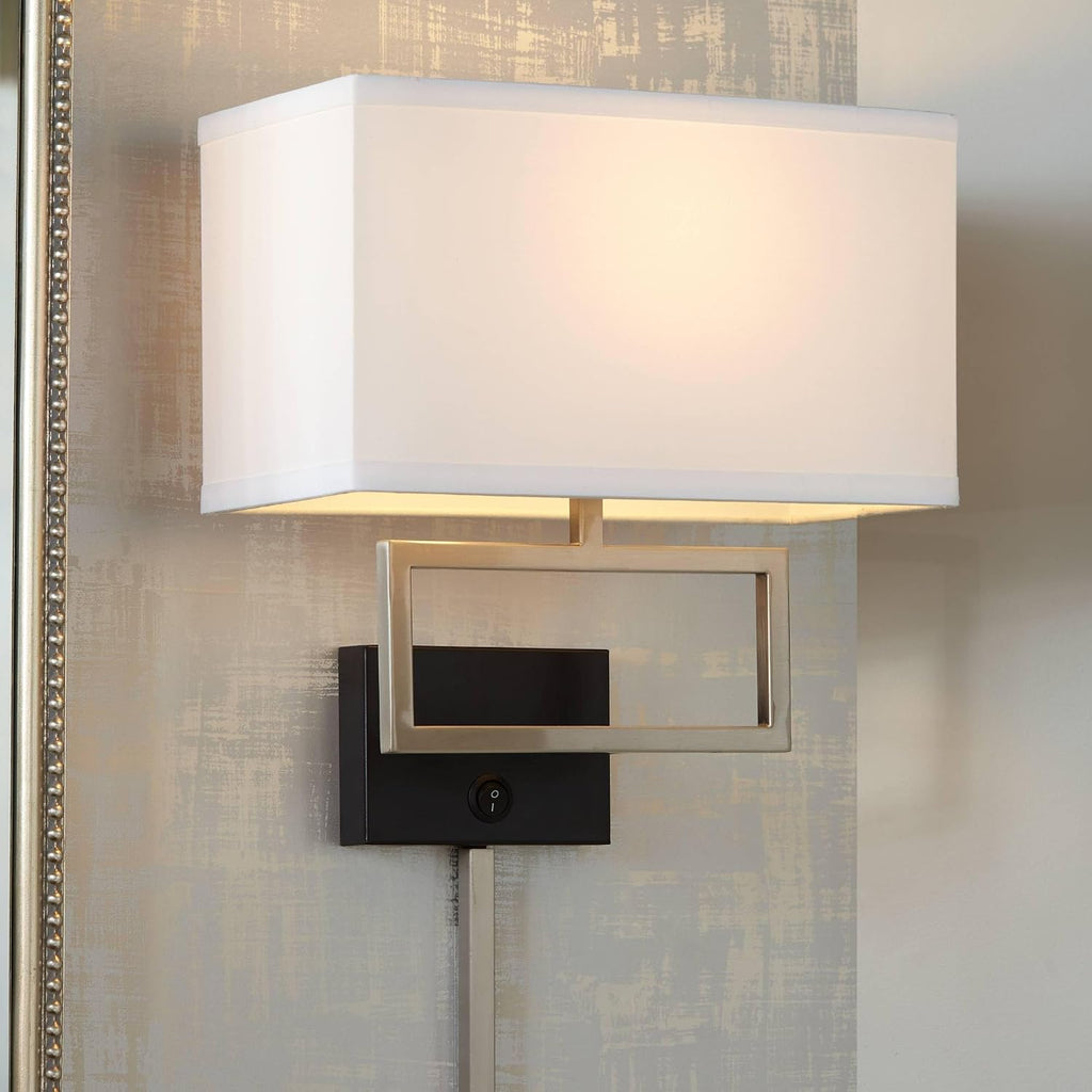 Possini Euro Design Trixie Modern Indoor Wall Lamp Brushed Nickel Silver Matte Black Plug-in Light Fixture Rectangular Fabric Shade for Bedroom Bedside House Reading Living Room Home Hallway Dining