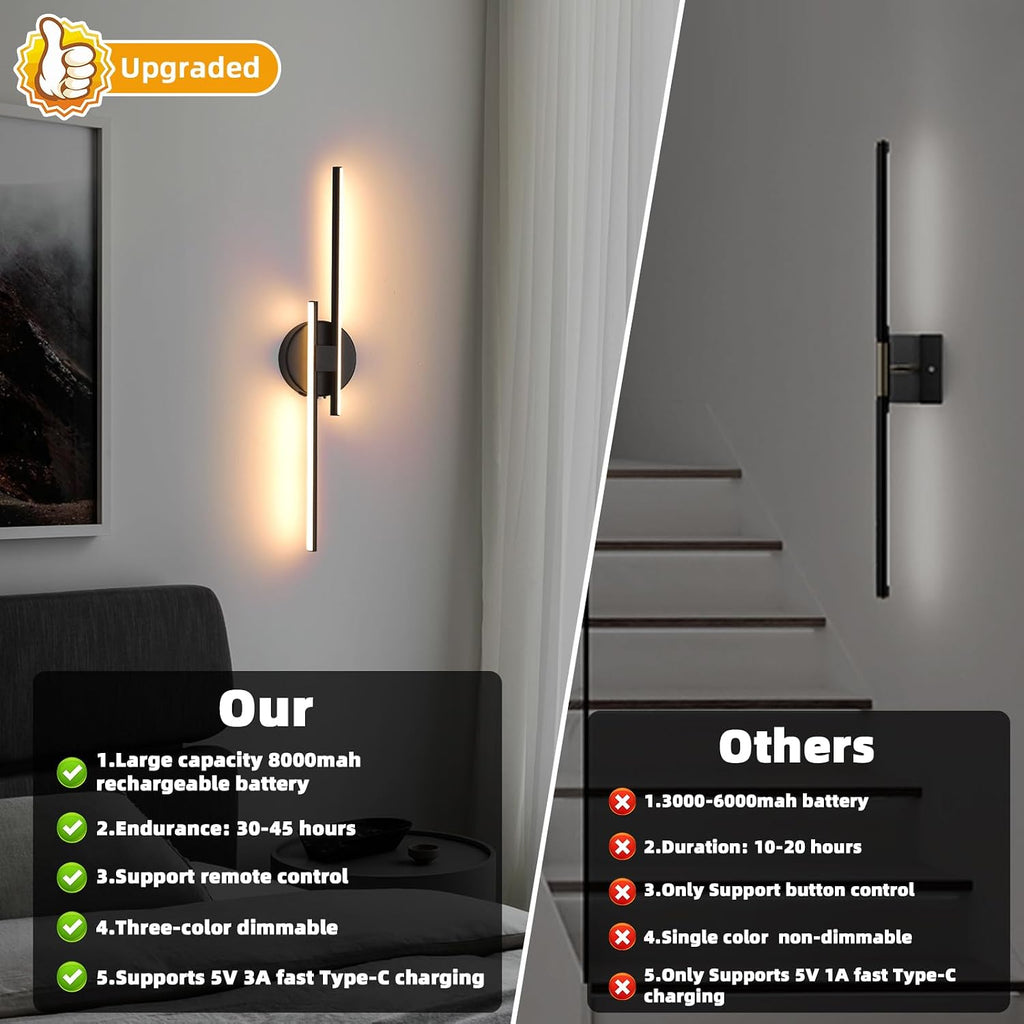 Rechargeable Battery Operated Wall Sconce Set Of Two, Black Wireless LED Wall Sconces With Remote Control, Dimmable 3 Colors Cordless wall lights for Living Room, bedroom, Hallway, 23.6 Inch ( 2pcs)