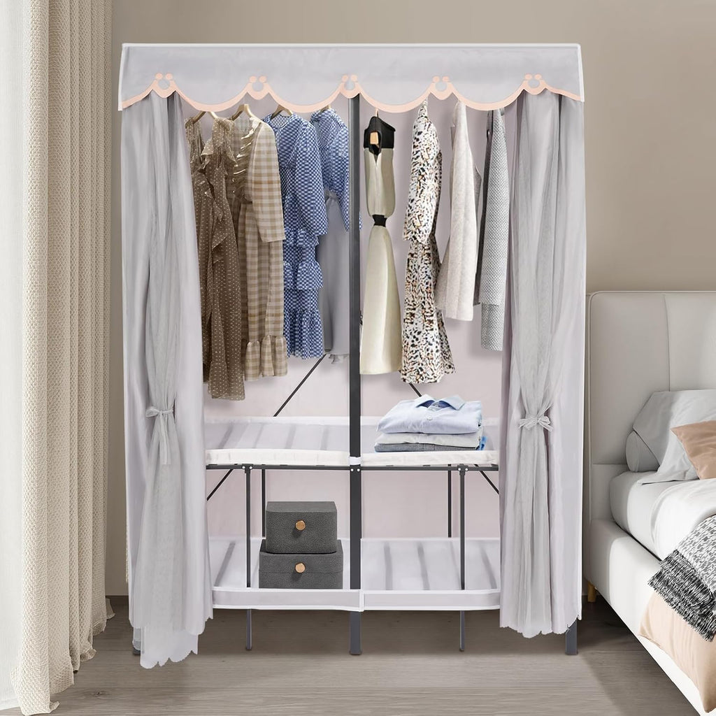50x20x68 inch Wardrobe Closet Rack with Cover, 1100lbs Capacity Heavy-duty Metal Clothing Coat Storage Rack, Foldable Garment Rack for Hanging Clothes for Bedroom (Grey)