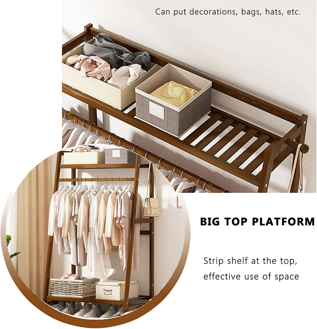 Bamboo Garment Rack,Multi-Functional Clothes Rack,with top Shelf and Shoe Clothing Storage Organizer Shelves,for Bedroom Entryway Hanging Clothes