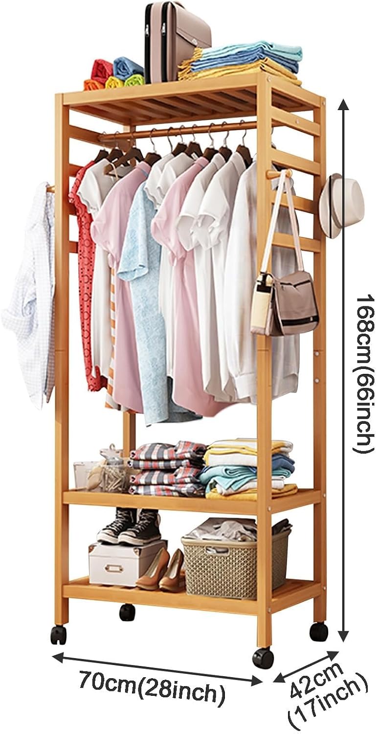 Versatile Mobile Garment Rack - Bamboo Freestanding Clothes Organizer for Hanging, Wardrobe Storage Closet with Wheel Perfect,with 4 Hooks/1 Top Rod & 3 Shelves,70 * 42 * 168CM