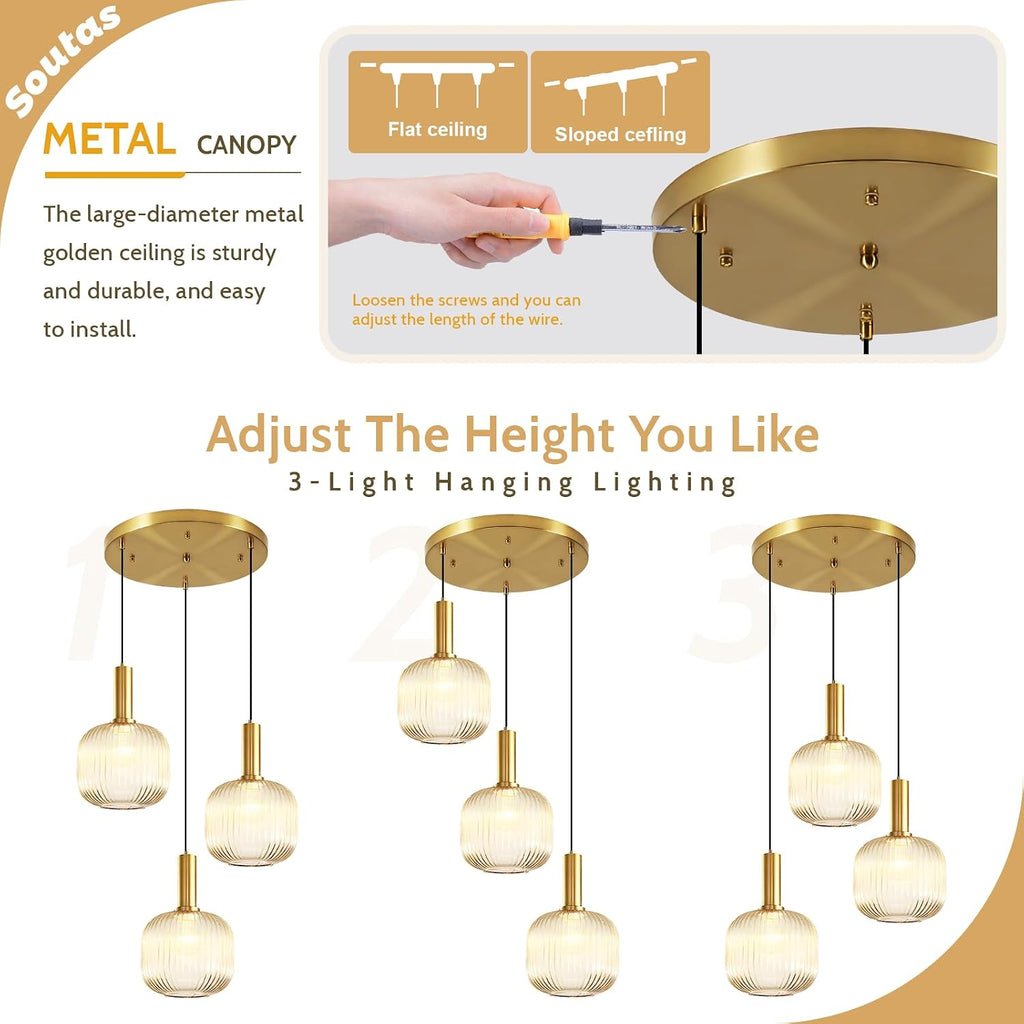 3-Light Gold Cluster Light Fixtures Modern Amber Glass Ceiling Chandelier Lights Brushed Brass Kitchen Island Pendant Light for Corridor Dining Room Entryway Stair