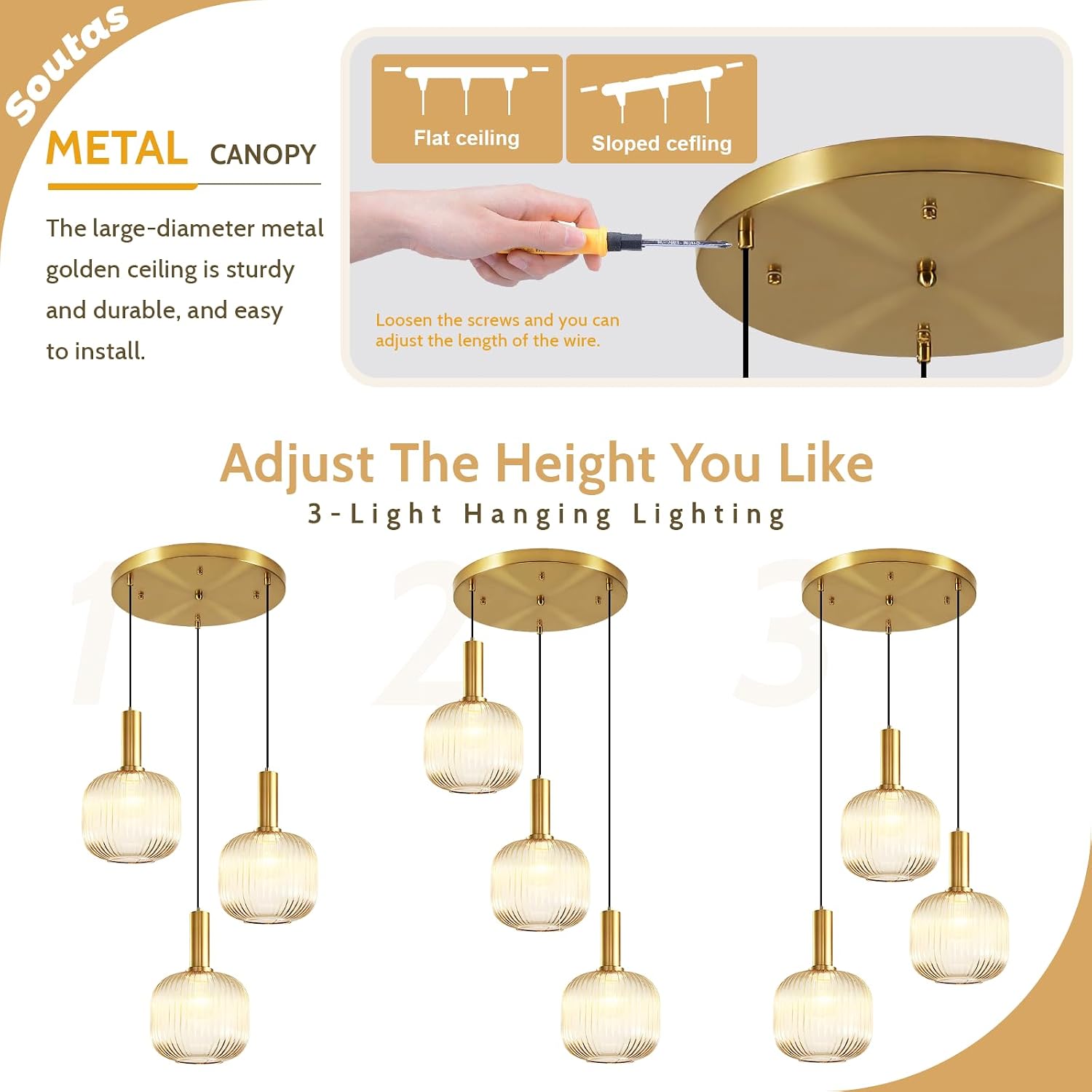 3-Light Gold Cluster Light Fixtures Modern Amber Glass Ceiling Chandelier Lights Brushed Brass Kitchen Island Pendant Light for Corridor Dining Room Entryway Stair