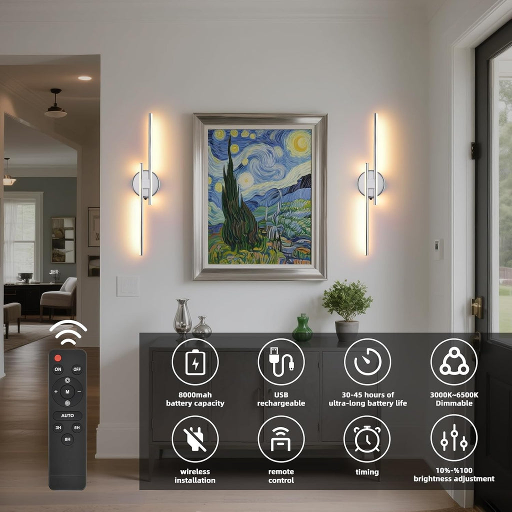 Rechargeable Battery Operated Wall Sconce Set Of Two, Chrome Wireless LED Wall Sconces With Remote Control, Dimmable 3 Colors Cordless wall lights for Living Room, bedroom, Hallway, 23.6 Inch ( 2pcs)