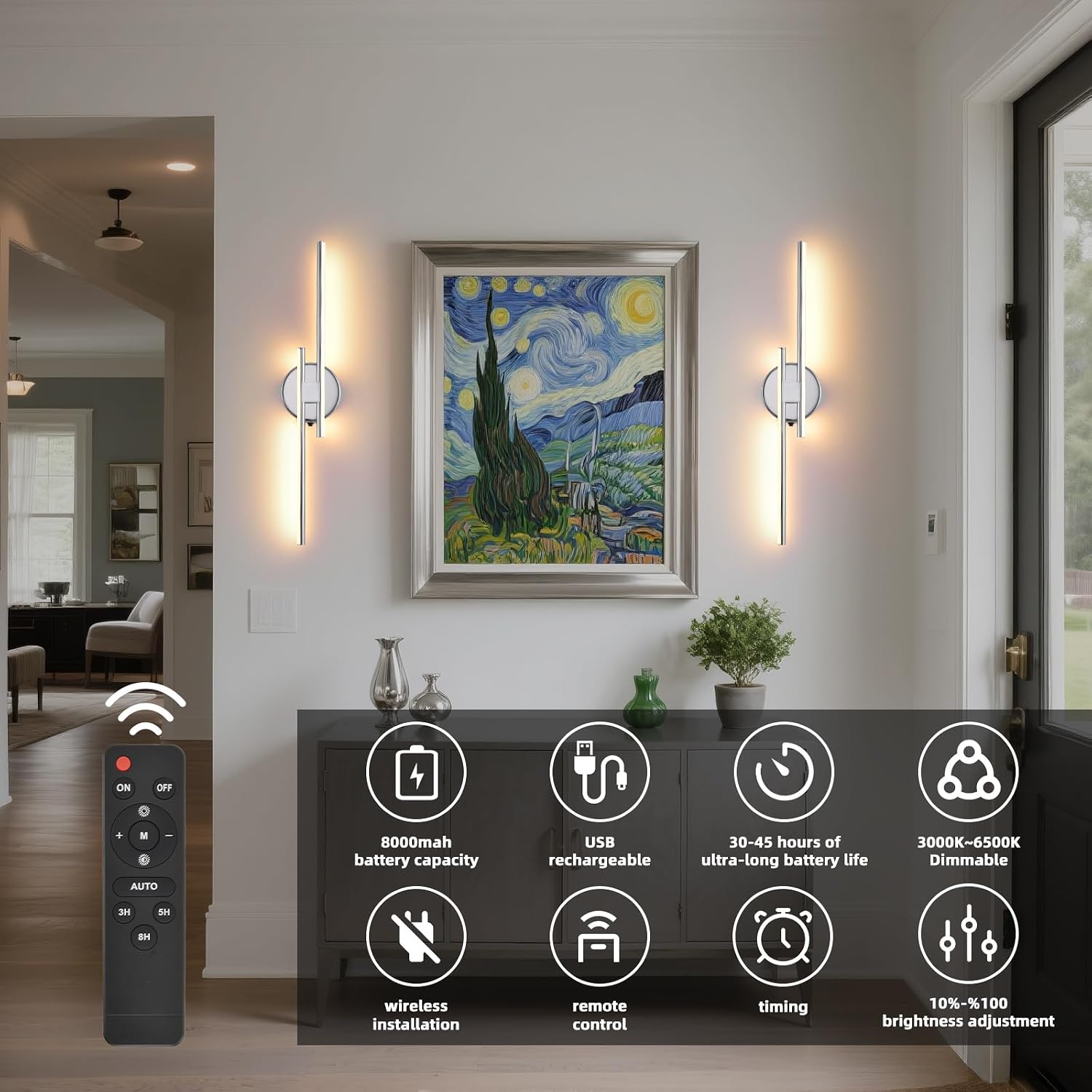 Rechargeable Battery Operated Wall Sconce Set Of Two, Chrome Wireless LED Wall Sconces With Remote Control, Dimmable 3 Colors Cordless wall lights for Living Room, bedroom, Hallway, 23.6 Inch ( 2pcs)