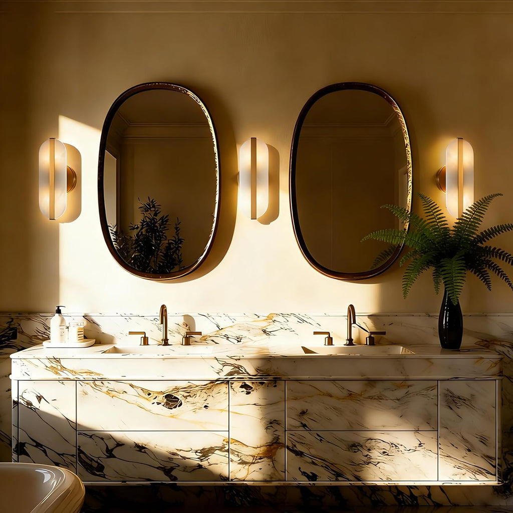 Natural Alabaster Wall Sconces Set of Two Marble Wall Sconces Gold Bathroom Vanity Wall Light Fixtures Modern Oval Stone Wall Lamp for Bedroom Living Room Hallway Restaurant Stairs