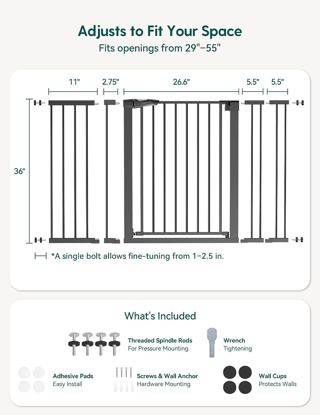 Babelio 36' Tall Baby Gate, PressGuard P7, 29-55' Auto Close Pressure Mounted Dog Gate for Doorways & Hallway, Basics Easy Walk Thru Pet Gate, Extra Wide Metal Child Gate, Black