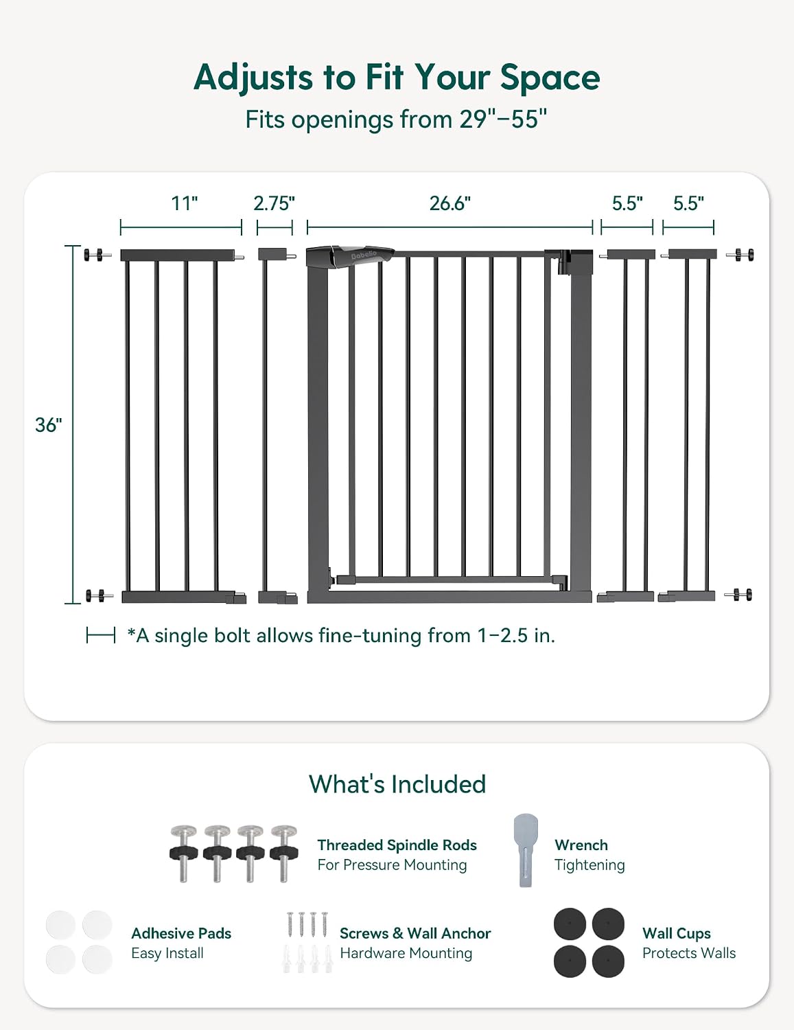Babelio 36' Tall Baby Gate, PressGuard P7, 29-55' Auto Close Pressure Mounted Dog Gate for Doorways & Hallway, Basics Easy Walk Thru Pet Gate, Extra Wide Metal Child Gate, Black