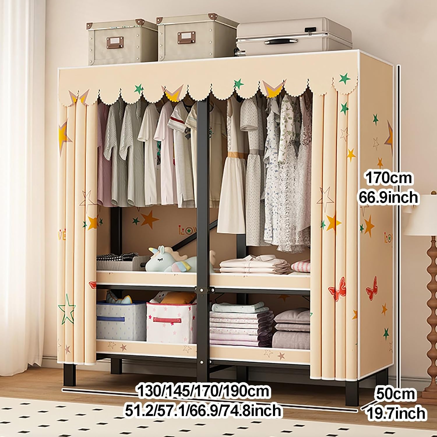 Foldable Wardrobe Closet, Metal Freestanding Clothing Rack, Garment Rack For Hanging Clothes, Coat Storage Organizer With Hanging Rods, For Bedroom, Dorm(Green,145cm/57.1inch)