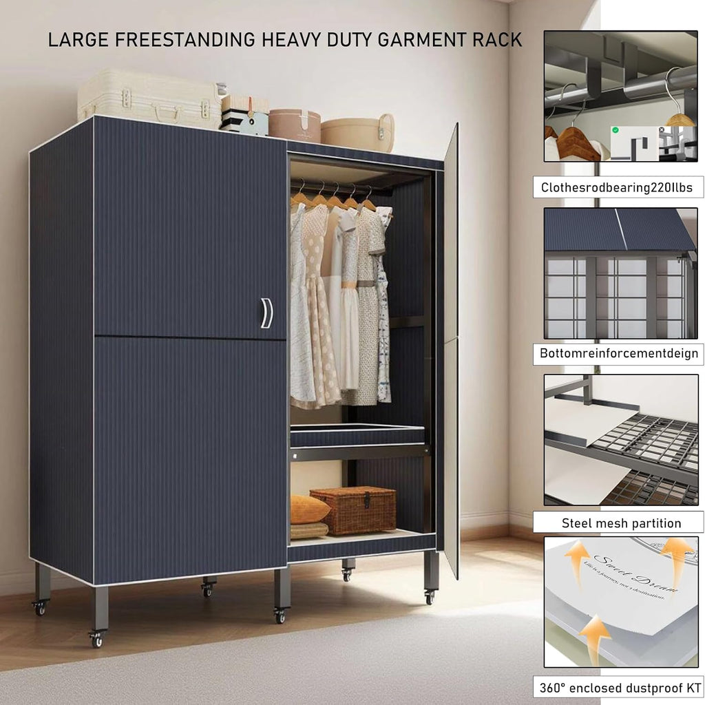 Foldable Portable Wardrobe On Wheels, Freestanding Garment Rack, with Magnetic Door 2000lbs, Heavy Duty Clothes Rack, for Bedroom Closet Systems (Gray Blue, 100CM/39IN)