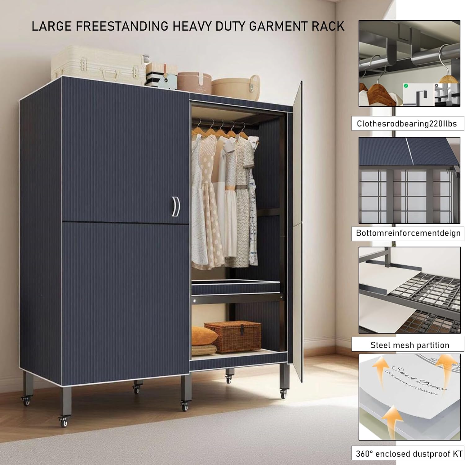 Foldable Portable Wardrobe On Wheels, Freestanding Garment Rack, with Magnetic Door 2000lbs, Heavy Duty Clothes Rack, for Bedroom Closet Systems (Gray Blue, 100CM/39IN)