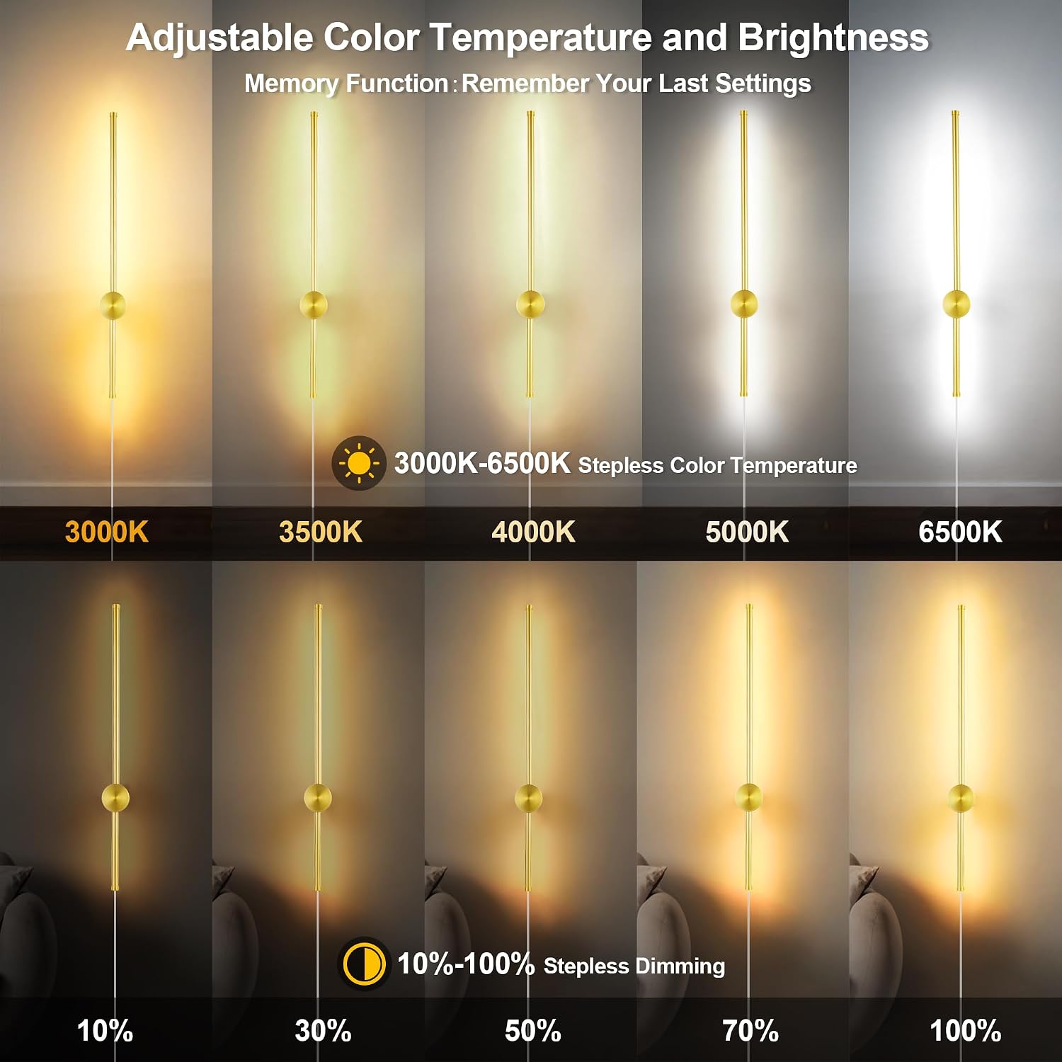 GOODATE Wall Sconces Set of Two with Remote, Stepless Colors 3000K-6500K & Stepless Dimming, Hardwire or Plug-in, 180° Rotate, LED Gold Plug in Wall Sconces with Timer & Night Light, 39.4 Inches