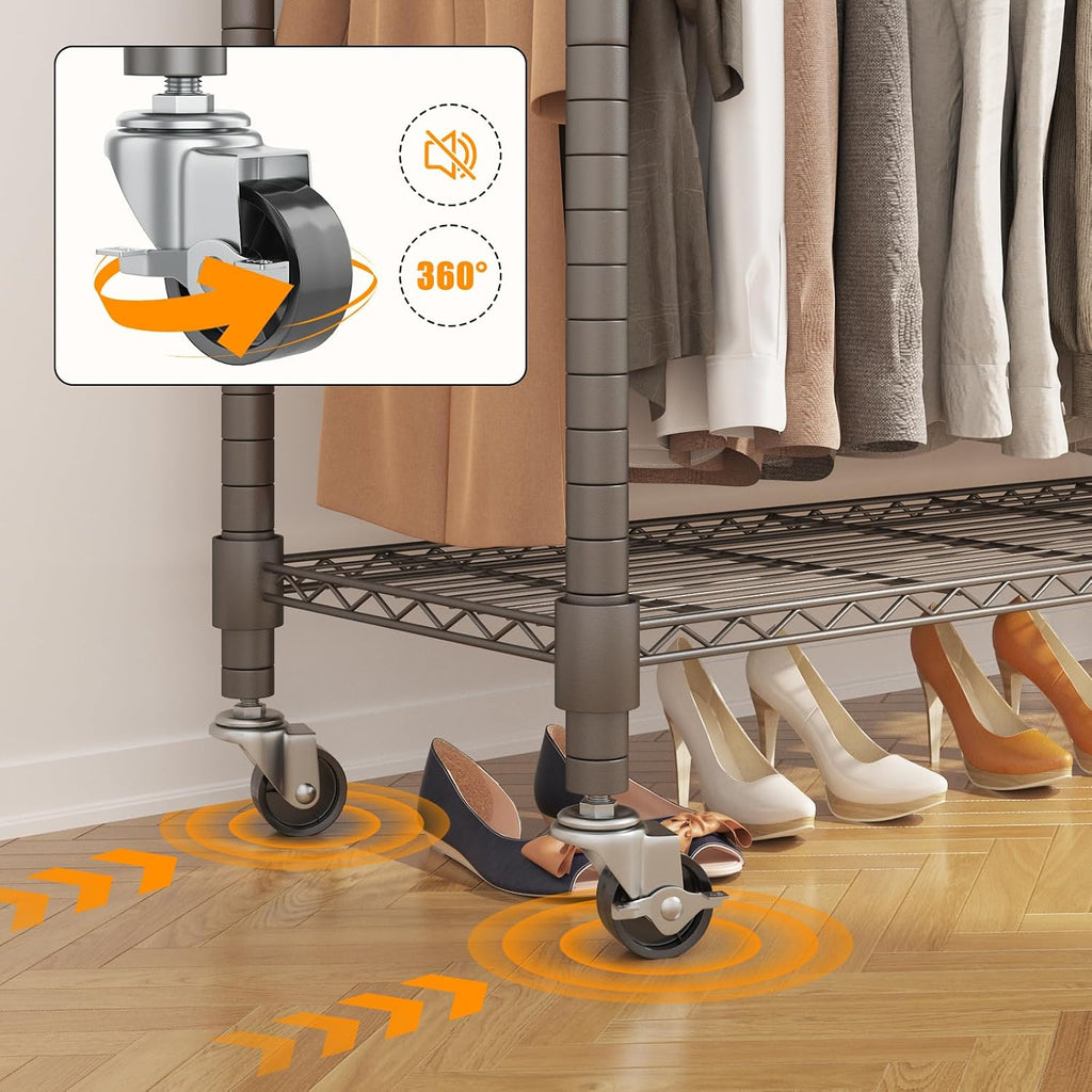 BATHWA Clothes Racks for Hanging Clothes, 25 mm tube Heavy Duty 47.3'W x 17.7'D x 80.7'H Large Wardrobe Rack with Shelves & Wheels Rolling Multifuctional for Bedroom Laundry Walk-in Closet Organizer