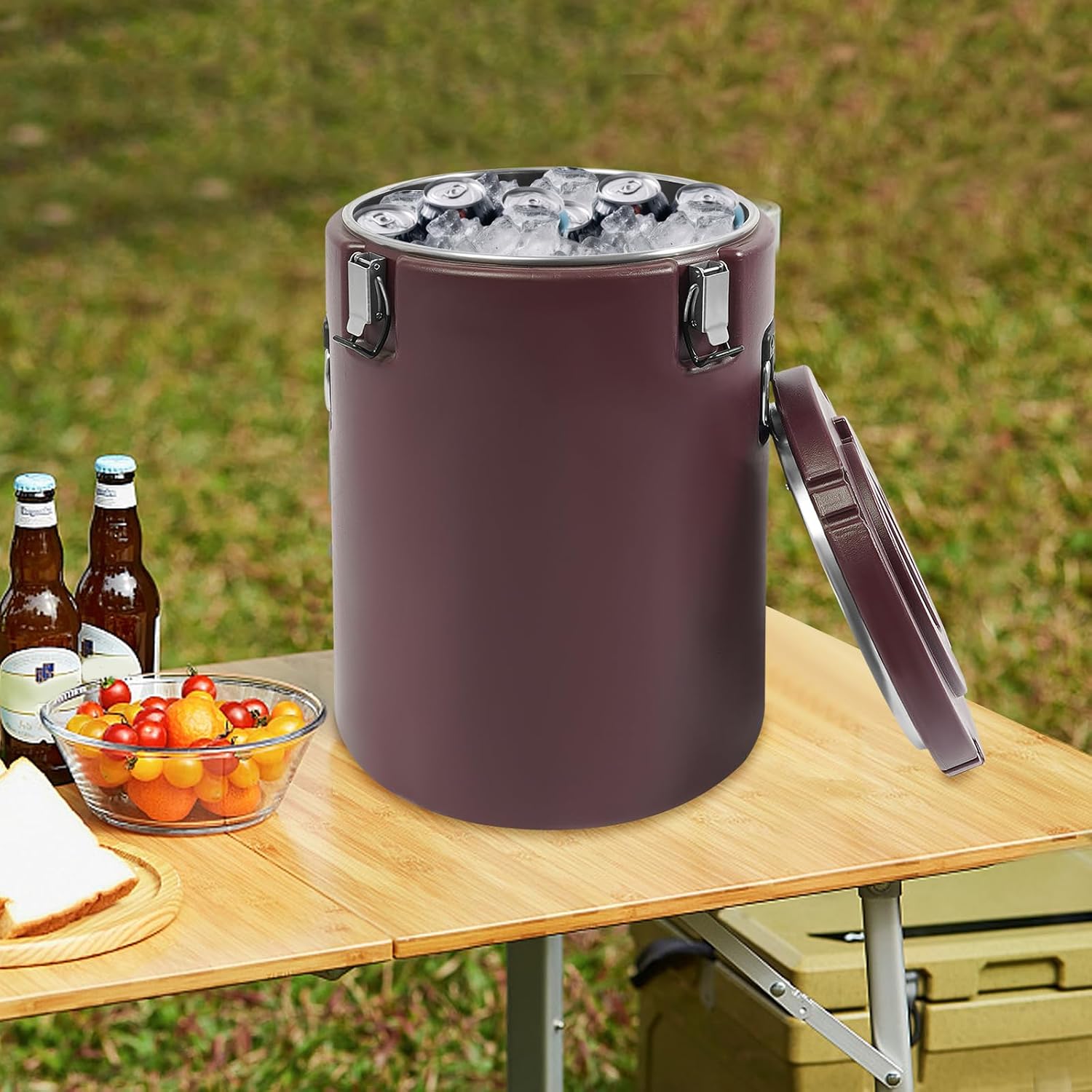 9.25gal Insulated Beverage Dispenser, Stainless Steel Thermal Hot Cold Drink Beverage Dispenser, Portable Outdoors Water Cooler Jug for Hot Chocolate, Milk, Tea, Coffee (Brown)