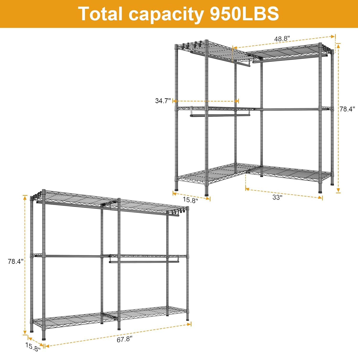 ULIFHOME E15 Pro Garment Rack L Shaped Clothes Rack for Corner，Freestanding Clothing Racks for Hanging Clothes，Heavy Duty Closet System with 4 Hanging Rods & 8 S Hooks，48.8'W x 15.8'D x 78.4'H，Grey
