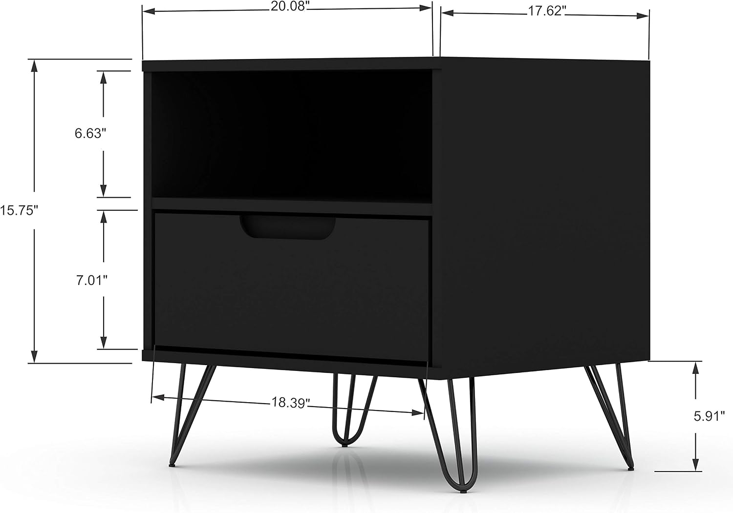 Manhattan Comfort Rockefeller Nightstand with Drawer and Cubby, Mid Century Modern Bedside Table, Minimalist Display and Storage Organizer, Ideal for Bedroom and Living Room, Black