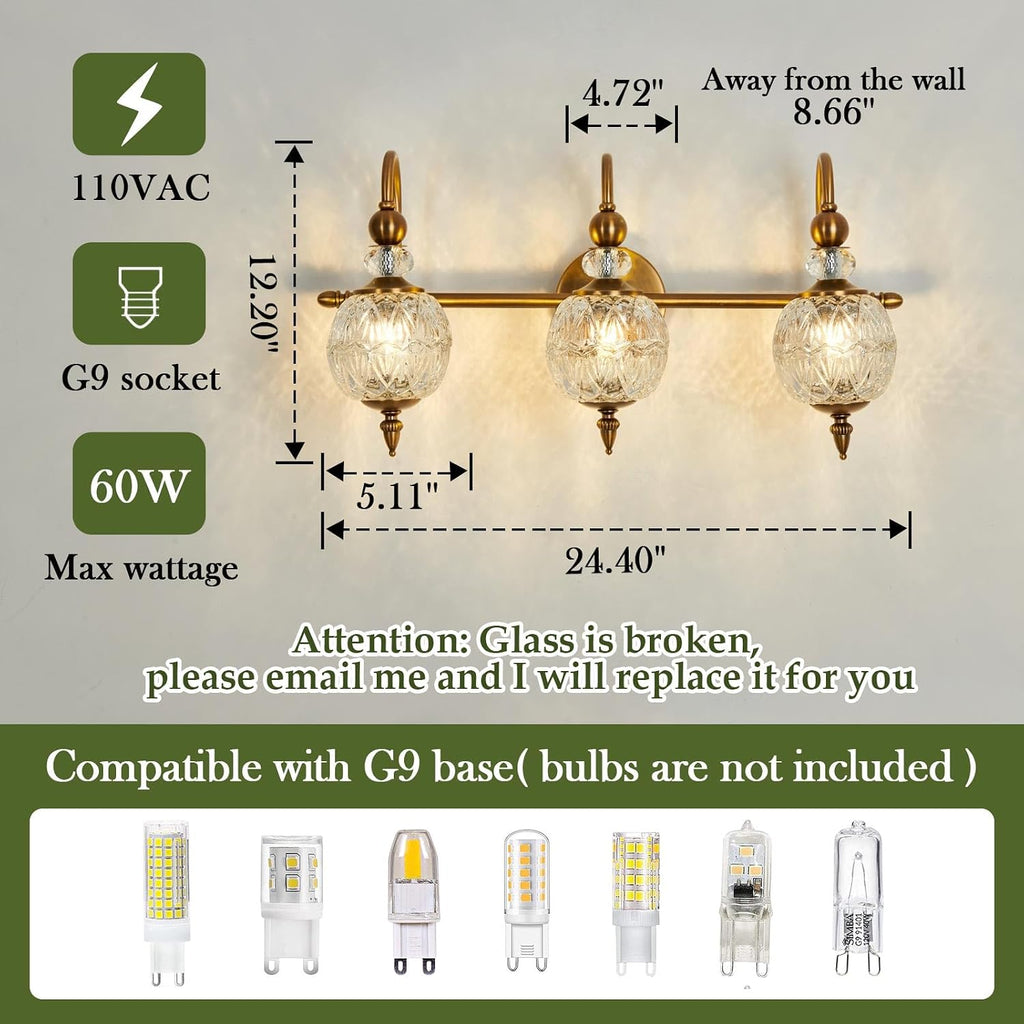 Piepooye Vintage Bathroom Lights Fixtures Gold Vanity Light with Glass Globe LampShade 3 Light Mid Century G9 Bulb Wall Sconce Indoor Vanity Light Over Mirror for Kitchen Bedroom Farmhouse Living Room