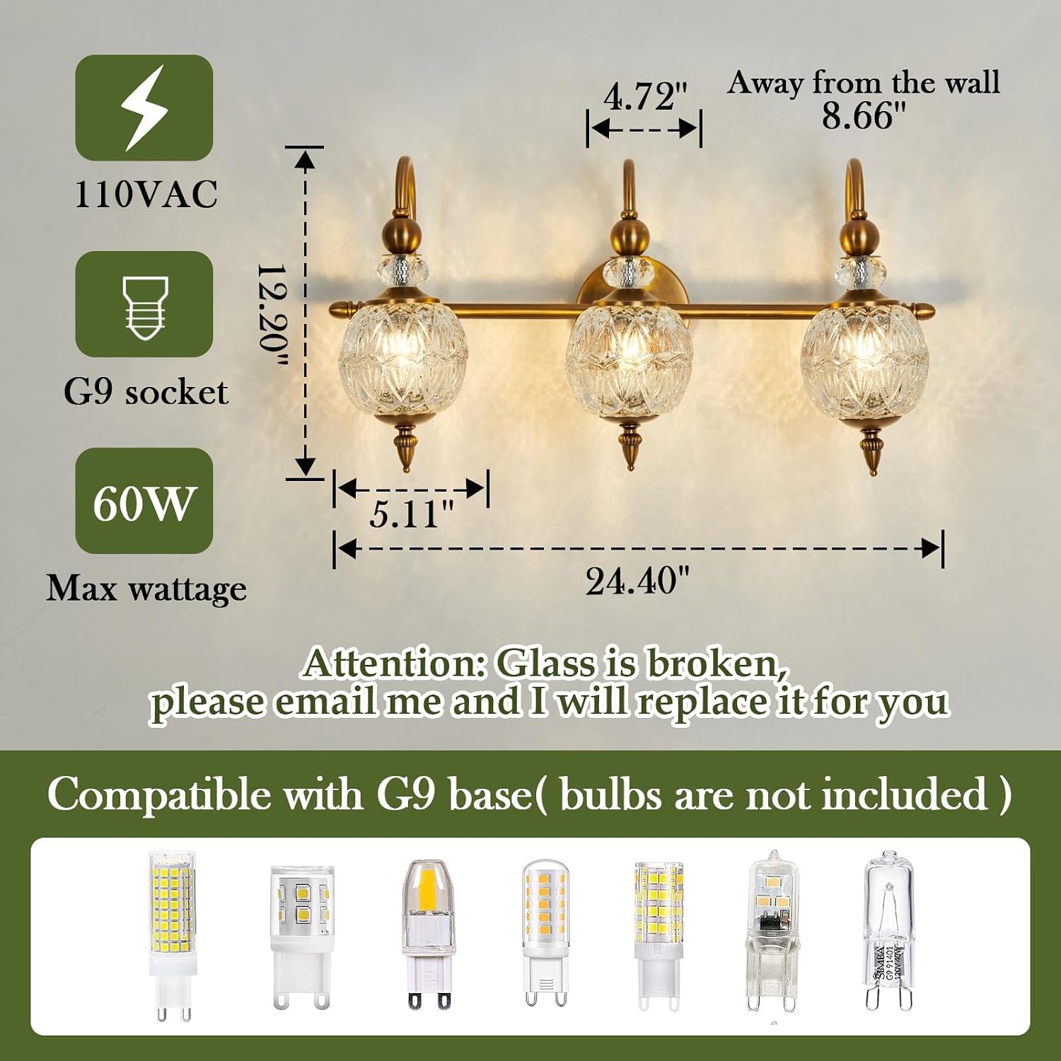 Piepooye Vintage Bathroom Lights Fixtures Gold Vanity Light with Glass Globe LampShade 3 Light Mid Century G9 Bulb Wall Sconce Indoor Vanity Light Over Mirror for Kitchen Bedroom Farmhouse Living Room